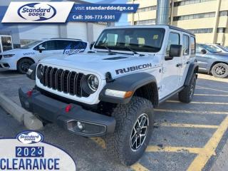 <b>Black 3-Piece Hard Top, Technology Group!</b><br> <br> <br> <br>  With decades of experience, and all the modern technology they could need, this Jeep Wrangler is ready to rock your world. <br> <br>No matter where your next adventure takes you, this Jeep Wrangler is ready for the challenge. With advanced traction and handling capability, sophisticated safety features and ample ground clearance, the Wrangler is designed to climb up and crawl over the toughest terrain. Inside the cabin of this Wrangler offers supportive seats and comes loaded with the technology you expect while staying loyal to the style and design youve come to know and love.<br> <br> This bright white SUV  has a 6 speed manual transmission and is powered by a  285HP 3.6L V6 Cylinder Engine.<br> <br> Our Wranglers trim level is Rubicon. Stepping up to this Wrangler Rubicon rewards you with incredible off-roading capability, thanks to heavy duty suspension, class II towing equipment that includes a hitch and trailer sway control, front active and rear anti-roll bars, upfitter switches, locking front and rear differentials, and skid plates for undercarriage protection. Interior features include an 8-speaker Alpine audio system, voice-activated dual zone climate control, front and rear cupholders, and a 12.3-inch infotainment system with smartphone integration and mobile internet hotspot access. Additional features include cruise control, a leatherette-wrapped steering wheel, proximity keyless entry, and even more. This vehicle has been upgraded with the following features: Black 3-piece Hard Top, Technology Group. <br><br> View the original window sticker for this vehicle with this url <b><a href=http://www.chrysler.com/hostd/windowsticker/getWindowStickerPdf.do?vin=1C4PJXFGXRW253314 target=_blank>http://www.chrysler.com/hostd/windowsticker/getWindowStickerPdf.do?vin=1C4PJXFGXRW253314</a></b>.<br> <br>To apply right now for financing use this link : <a href=https://standarddodge.ca/financing target=_blank>https://standarddodge.ca/financing</a><br><br> <br/><br>* Visit Us Today *Youve earned this - stop by Standard Chrysler Dodge Jeep Ram located at 208 Cheadle St W., Swift Current, SK S9H0B5 to make this car yours today! <br> Pricing may not reflect additional accessories that have been added to the advertised vehicle<br><br> Come by and check out our fleet of 30+ used cars and trucks and 90+ new cars and trucks for sale in Swift Current.  o~o
