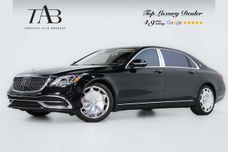 This Beautiful 2020 Mercedes-Benz S-Class Maybach S560 is a local Ontario vehicle with a clean Carfax report and a remaining manufacture warranty until 27 August 2024 or 80,000kms. It is the epitome of luxury, blending opulent comfort, advanced technology, and refined performance.

Key Features Includes:

- Maybach S560
- V8
- Chauffeur package
- KEYLESS-GO package 
- AIR-BALANCE package
- Exclusive Package
- PRE-SAFE® rear package
- Rear Seat Comfort Package
- Anti-Theft Protection package
- Enhanced Stop&Go Pilot
- Warmth Comfort Package
- Navigation
- Bluetooth
- Surround Camera System
- Parking Sensors
- Panoramic Sunroof
- Burmester High End Audio System
- Sirius XM Radio
- Apple Carplay
- Android Auto
- Rear Entertainment
- Heated Steering Wheel
- Front and Rear Heated Seats
- Front and Rear Ventilated Seats
- Panel Heating
- Front Massaging Seats
- Driving Assistance package Plus
- DISTRONIC PLUS with Steering Assist
- Cruise Control
- Attention Assist
- Lane Change Assist
- Active Blind Spot Assist
- Active Night View Assist
- Traffic Sign Assist
- Multibeam LED Headlights
- 20" Alloy Wheels 


NOW OFFERING 3 MONTH DEFERRED FINANCING PAYMENTS ON APPROVED CREDIT. 

Looking for a top-rated pre-owned luxury car dealership in the GTA? Look no further than Toronto Auto Brokers (TAB)! Were proud to have won multiple awards, including the 2023 GTA Top Choice Luxury Pre Owned Dealership Award, 2023 CarGurus Top Rated Dealer, 2024 CBRB Dealer Award, the Canadian Choice Award 2024,the 2024 BNS Award, the 2023 Three Best Rated Dealer Award, and many more!

With 30 years of experience serving the Greater Toronto Area, TAB is a respected and trusted name in the pre-owned luxury car industry. Our 30,000 sq.Ft indoor showroom is home to a wide range of luxury vehicles from top brands like BMW, Mercedes-Benz, Audi, Porsche, Land Rover, Jaguar, Aston Martin, Bentley, Maserati, and more. And we dont just serve the GTA, were proud to offer our services to all cities in Canada, including Vancouver, Montreal, Calgary, Edmonton, Winnipeg, Saskatchewan, Halifax, and more.

At TAB, were committed to providing a no-pressure environment and honest work ethics. As a family-owned and operated business, we treat every customer like family and ensure that every interaction is a positive one. Come experience the TAB Lifestyle at its truest form, luxury car buying has never been more enjoyable and exciting!

We offer a variety of services to make your purchase experience as easy and stress-free as possible. From competitive and simple financing and leasing options to extended warranties, aftermarket services, and full history reports on every vehicle, we have everything you need to make an informed decision. We welcome every trade, even if youre just looking to sell your car without buying, and when it comes to financing or leasing, we offer same day approvals, with access to over 50 lenders, including all of the banks in Canada. Feel free to check out your own Equifax credit score without affecting your credit score, simply click on the Equifax tab above and see if you qualify.

So if youre looking for a luxury pre-owned car dealership in Toronto, look no further than TAB! We proudly serve the GTA, including Toronto, Etobicoke, Woodbridge, North York, York Region, Vaughan, Thornhill, Richmond Hill, Mississauga, Scarborough, Markham, Oshawa, Peteborough, Hamilton, Newmarket, Orangeville, Aurora, Brantford, Barrie, Kitchener, Niagara Falls, Oakville, Cambridge, Kitchener, Waterloo, Guelph, London, Windsor, Orillia, Pickering, Ajax, Whitby, Durham, Cobourg, Belleville, Kingston, Ottawa, Montreal, Vancouver, Winnipeg, Calgary, Edmonton, Regina, Halifax, and more.

Call us today or visit our website to learn more about our inventory and services. And remember, all prices exclude applicabl