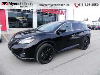 <b>Low Mileage, Leather Seats, Moonroof, Navigation, Power Liftgate, Remote Start, Heated Steering Wheel, Heated Seats, Blind Spot Detection, Forward Collision Warning!</b><br> <br>  Compare at $43999 - Our Price is just $41599! <br> <br>   Ahead of the pack with polished power, this 2023 Murano is an exciting crossover. This  2023 Nissan Murano is for sale today in Orleans. <br> <br>This 2023 Nissan Murano offers confident power, efficient usage of fuel and space, and an exciting exterior sure to turn heads. This uber popular crossover does more than settle for good enough. This Murano offers an airy interior that was designed to make every seating position one to enjoy. For a crossover that is more than just good looks and decent power, check out this well designed 2023 Murano. This low mileage  wagon has just 17,685 kms. Its  super black in colour  . It has an automatic transmission and is powered by a  260HP 3.5L V6 Cylinder Engine. <br> <br> Our Muranos trim level is Midnight Edition. This Midnight Edition is as dark as its name with a blacked out exterior emphasized with illuminated kick plates. Additional features include a dual panel panoramic moonroof, heated leather seats, motion activated power liftgate, remote start with intelligent climate control, memory settings, ambient interior lighting, and a heated steering wheel for added comfort along with intelligent cruise with distance pacing, intelligent Around View camera, and traffic sign recognition for even more confidence. Navigation and Bose Premium Audio are added to the NissanConnect touchscreen infotainment system featuring Android Auto, Apple CarPlay, and a ton more connectivity features. Forward collision warning, emergency braking with pedestrian detection, high beam assist, blind spot detection, and rear parking sensors help inspire confidence on the drive. This vehicle has been upgraded with the following features: Leather Seats, Moonroof, Navigation, Power Liftgate, Remote Start, Heated Steering Wheel, Heated Seats, Blind Spot Detection, Forward Collision Warning. <br> <br/><br>We are proud to regularly serve our clients and ready to help you find the right car that fits your needs, your wants, and your budget.And, of course, were always happy to answer any of your questions.Proudly supporting Ottawa, Orleans, Vanier, Barrhaven, Kanata, Nepean, Stittsville, Carp, Dunrobin, Kemptville, Westboro, Cumberland, Rockland, Embrun , Casselman , Limoges, Crysler and beyond! Call us at (613) 824-8550 or use the Get More Info button for more information. Please see dealer for details. The vehicle may not be exactly as shown. The selling price includes all fees, licensing & taxes are extra. OMVIC licensed.Find out why Myers Orleans Nissan is Ottawas number one rated Nissan dealership for customer satisfaction! We take pride in offering our clients exceptional bilingual customer service throughout our sales, service and parts departments. Located just off highway 174 at the Jean DÀrc exit, in the Orleans Auto Mall, we have a huge selection of Used vehicles and our professional team will help you find the Nissan that fits both your lifestyle and budget. And if we dont have it here, we will find it or you! Visit or call us today.<br>*LIFETIME ENGINE TRANSMISSION WARRANTY NOT AVAILABLE ON VEHICLES WITH KMS EXCEEDING 140,000KM, VEHICLES 8 YEARS & OLDER, OR HIGHLINE BRAND VEHICLE(eg. BMW, INFINITI. CADILLAC, LEXUS...)<br> Come by and check out our fleet of 40+ used cars and trucks and 110+ new cars and trucks for sale in Orleans.  o~o