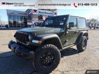 <b>Wi-Fi Hotspot,  Tow Equipment,  Fog Lamps,  Cruise Control,  Rear Camera!</b><br> <br> <br> <br>Call 613-489-1212 to speak to our friendly sales staff today, or come by the dealership!<br> <br>  This Jeep Wrangler is the culmination of tireless innovation and extensive testing to build the ultimate off-road SUV! <br> <br>No matter where your next adventure takes you, this Jeep Wrangler is ready for the challenge. With advanced traction and handling capability, sophisticated safety features and ample ground clearance, the Wrangler is designed to climb up and crawl over the toughest terrain. Inside the cabin of this Wrangler offers supportive seats and comes loaded with the technology you expect while staying loyal to the style and design youve come to know and love.<br> <br> This sarge green SUV  has an automatic transmission and is powered by a  270HP 2.0L 4 Cylinder Engine.<br> <br> Our Wranglers trim level is Willys. This off-road icon in the Willys trim features off-road wheels with beefier suspension, comes standard with tow equipment that includes trailer sway control, front and rear tow hooks, front fog lamps, and a manual convertible top with fixed rollover protection. Occupants are treated front and rear illuminated cupholders, air conditioning, full carpet floors with all-weather mats, an 8-speaker audio system, and a 12.3-inch infotainment screen powered by Uconnect 5W, with smartphone integration and mobile hotspot internet access. Additional features include cruise control, a rearview camera, and even more. This vehicle has been upgraded with the following features: Wi-fi Hotspot,  Tow Equipment,  Fog Lamps,  Cruise Control,  Rear Camera. <br><br> View the original window sticker for this vehicle with this url <b><a href=http://www.chrysler.com/hostd/windowsticker/getWindowStickerPdf.do?vin=1C4PJXAN7RW181249 target=_blank>http://www.chrysler.com/hostd/windowsticker/getWindowStickerPdf.do?vin=1C4PJXAN7RW181249</a></b>.<br> <br>To apply right now for financing use this link : <a href=https://CreditOnline.dealertrack.ca/Web/Default.aspx?Token=3206df1a-492e-4453-9f18-918b5245c510&Lang=en target=_blank>https://CreditOnline.dealertrack.ca/Web/Default.aspx?Token=3206df1a-492e-4453-9f18-918b5245c510&Lang=en</a><br><br> <br/> Total  cash rebate of $3075 is reflected in the price. Credit includes up to 5% MSRP.  6.49% financing for 96 months. <br> Buy this vehicle now for the lowest weekly payment of <b>$187.59</b> with $0 down for 96 months @ 6.49% APR O.A.C. ( Plus applicable taxes -  $1199  fees included in price    ).  Incentives expire 2024-07-02.  See dealer for details. <br> <br>If youre looking for a Dodge, Ram, Jeep, and Chrysler dealership in Ottawa that always goes above and beyond for you, visit Myers Manotick Dodge today! Were more than just great cars. We provide the kind of world-class Dodge service experience near Kanata that will make you a Myers customer for life. And with fabulous perks like extended service hours, our 30-day tire price guarantee, the Myers No Charge Engine/Transmission for Life program, and complimentary shuttle service, its no wonder were a top choice for drivers everywhere. Get more with Myers!<br> Come by and check out our fleet of 40+ used cars and trucks and 100+ new cars and trucks for sale in Manotick.  o~o