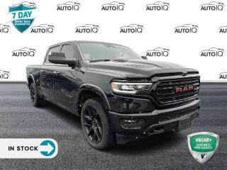 Diamond Black Crystal Pearlcoat 2022 Ram 1500 Limited 4D Crew Cab HEMI 5.7L V8 VVT 8-Speed Automatic 4WD | Remote Start, 12 Touchscreen, 19-Speaker harman/kardon Prem Sound, 3.92 Rear Axle Ratio, 4 MOPAR Adjustable Cargo Tie-Down Hooks, 4G LTE Wi-Fi Hot Spot, 4-Wheel Disc Brakes, ABS brakes, Accent-Colour Premium Power Mirrors, Adaptive Cruise Control w/Stop & Go, Apple CarPlay Capable, Bed Utility Group, Black Daylight Opening Mouldings, Black Dual Exhaust Tips, Black Exterior Badging, Black Grille w/Bright Surround, Black Headlamp Bezels, Black Painted Exterior Mirror Caps, Black RAM Grille Badge, Body-Colour Door Handles, Body-Colour Front Bumper, Body-Colour Rear Bumper w/Step Pads, Connected Travel & Traffic Services, Connectivity - US/Canada, Digital Rearview Mirror w/Autodim, Disassociated Touchscreen Display, Dome Dual LED Reading Lamps, Dual front impact airbags, Dual front side impact airbags, Dual-Pane Panoramic Sunroof, Front Ventilated Seats, Google Android Auto, GPS Antenna Input, GPS Navigation, Hands-Free Phone Communication, HD Radio, Head-Up Display, Heated front seats, Heated rear seats, Heated Steering Wheel, Integrated Centre Stack Radio, Lane Keep Assist, LED Centre High-Mounted Stop Lamps, LED Dome/Reading Lamp, Limited Level 1 Equipment Group, Night Edition, Parallel & Perp Park Assist w/Stop, Pedestrian Emergency Braking, Power driver seat, Power steering, Power windows, Quick Order Package 27M Limited, Radio: Uconnect 5W Nav w/12.0 Display, Rear Ventilated Seats, Remote keyless entry, SiriusXM w/360L On-Demand Content, Sport Performance Hood, Steering wheel mounted audio controls, Surround View Camera System, Tailgate Ajar Warning Lamp, Telescoping steering wheel, Tilt steering wheel, Tow Hooks, Traction control, Trailer Brake Control, Trailer Light Check, Trailer Reverse Steering Control, Trailer Tow Group, Tri-Fold Tonneau Cover, Trip computer, USB Mobile Projection, Wheels: 22 x 9 Black Aluminum.<p> </p>

<h4>VALUE+ CERTIFIED PRE-OWNED VEHICLE</h4>

<p>36-point Provincial Safety Inspection<br />
172-point inspection combined mechanical, aesthetic, functional inspection including a vehicle report card<br />
Warranty: 30 Days or 1500 KMS on mechanical safety-related items and extended plans are available<br />
Complimentary CARFAX Vehicle History Report<br />
2X Provincial safety standard for tire tread depth<br />
2X Provincial safety standard for brake pad thickness<br />
7 Day Money Back Guarantee*<br />
Market Value Report provided<br />
Complimentary 3 months SIRIUS XM satellite radio subscription on equipped vehicles<br />
Complimentary wash and vacuum<br />
Vehicle scanned for open recall notifications from manufacturer</p>

<p>SPECIAL NOTE: This vehicle is reserved for AutoIQs retail customers only. Please, No dealer calls. Errors & omissions excepted.</p>

<p>*As-traded, specialty or high-performance vehicles are excluded from the 7-Day Money Back Guarantee Program (including, but not limited to Ford Shelby, Ford mustang GT, Ford Raptor, Chevrolet Corvette, Camaro 2SS, Camaro ZL1, V-Series Cadillac, Dodge/Jeep SRT, Hyundai N Line, all electric models)</p>

<p>INSGMT</p>