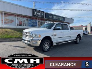 <b>LOW MILEAGE !! CUMMINS TURBO DIESEL !! LONG BOX !! REAR CAMERA, BOX CAMERA, PARKING SENSORS, BLUETOOTH, BUCKETS, LEATHER, POWER SEATS W/ DRIVER MEMORY, HEATED SEATS + COOLED SEATS, HEATED STEERING WHEEL, REMOTE START, TOWING CONTROLLER</b><br>      This  2017 Ram 3500 is for sale today. <br> <br>This Ram 3500 Heavy Duty delivers exactly what you need: superior capability and exceptional levels of comfort, all backed with proven reliability and durability. Whether youre in the commercial sector or looking at serious recreational towing and hauling, this Ram 3500 is ready for the job. This  sought after diesel Crew Cab 4X4 pickup  has 82,579 kms. Its  white in colour  . It has an automatic transmission and is powered by a Cummins 385HP 6.7L Straight 6 Cylinder Engine. <br> <br> Our 3500s trim level is Laramie. The Laramie trim on this Ram 3500 adds some luxury to this workhorse. On top of its outstanding capability, it comes with tasteful chrome trim, Uconnect 8.4-inch infotainment system with Bluetooth and SirusXM satellite radio, heated and ventilated leather front seats, a heated leather-wrapped steering wheel, power folding, heated, auto-dimming, memory mirrors, an electronic trailer brake controller, rear park assist, and much more. This vehicle has been upgraded with the following features: Back Up Camera, Back Up Sensors, Leather Seats, Dual Power Seats, Memory Seat, Heated Front Seats, Vented/cooled Seats. <br> To view the original window sticker for this vehicle view this <a href=http://www.chrysler.com/hostd/windowsticker/getWindowStickerPdf.do?vin=3C63R3JL2HG737342 target=_blank>http://www.chrysler.com/hostd/windowsticker/getWindowStickerPdf.do?vin=3C63R3JL2HG737342</a>. <br/><br> <br>To apply right now for financing use this link : <a href=https://www.cmhniagara.com/financing/ target=_blank>https://www.cmhniagara.com/financing/</a><br><br> <br/><br>Trade-ins are welcome! Financing available OAC ! Price INCLUDES a valid safety certificate! Price INCLUDES a 60-day limited warranty on all vehicles except classic or vintage cars. CMH is a Full Disclosure dealer with no hidden fees. We are a family-owned and operated business for over 30 years! o~o