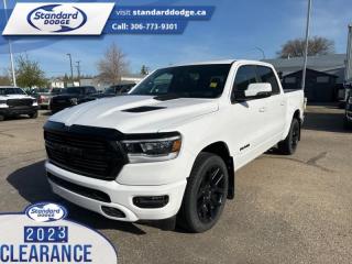 <b>Navigation,  Heated Seats,  4G Wi-Fi,  Heated Steering Wheel,  Forward Collision Alert!</b><br> <br> <br> <br>  Discover the inner beauty and rugged exterior of this stylish Ram 1500. <br> <br>The Ram 1500s unmatched luxury transcends traditional pickups without compromising its capability. Loaded with best-in-class features, its easy to see why the Ram 1500 is so popular. With the most towing and hauling capability in a Ram 1500, as well as improved efficiency and exceptional capability, this truck has the grit to take on any task.<br> <br> This bright white Crew Cab 4X4 pickup   has a 8 speed automatic transmission and is powered by a  395HP 5.7L 8 Cylinder Engine.<br> <br> Our 1500s trim level is Sport. This RAM 1500 Sport throws in some great comforts such as power-adjustable heated front seats with lumbar support, dual-zone climate control, power-adjustable pedals, deluxe sound insulation, and a heated leather-wrapped steering wheel. Connectivity is handled by an upgraded 12-inch display powered by Uconnect 5W with inbuilt navigation, mobile internet hotspot access, smart device integration, and a 10-speaker audio setup. Additional features include power folding exterior mirrors, a power rear window with defrosting, a trailer wiring harness, heavy-duty suspension, cargo box lighting, and a locking tailgate. This vehicle has been upgraded with the following features: Navigation,  Heated Seats,  4g Wi-fi,  Heated Steering Wheel,  Forward Collision Alert,  Climate Control,  Aluminum Wheels. <br><br> View the original window sticker for this vehicle with this url <b><a href=http://www.chrysler.com/hostd/windowsticker/getWindowStickerPdf.do?vin=1C6SRFVT7PN617663 target=_blank>http://www.chrysler.com/hostd/windowsticker/getWindowStickerPdf.do?vin=1C6SRFVT7PN617663</a></b>.<br> <br>To apply right now for financing use this link : <a href=https://standarddodge.ca/financing target=_blank>https://standarddodge.ca/financing</a><br><br> <br/><br>* Visit Us Today *Youve earned this - stop by Standard Chrysler Dodge Jeep Ram located at 208 Cheadle St W., Swift Current, SK S9H0B5 to make this car yours today! <br> Pricing may not reflect additional accessories that have been added to the advertised vehicle<br><br> Come by and check out our fleet of 30+ used cars and trucks and 110+ new cars and trucks for sale in Swift Current.  o~o