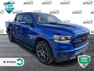 Blue Streak Pearlcoat 2019 Ram 1500 Sport 4D Crew Cab HEMI 5.7L V8 VVT 8-Speed Automatic 4WD | Remote Start, 115V Rear Auxiliary Power Outlet, 4 Adjustable Cargo Tie-Down Hooks, 4-Wheel Disc Brakes, 9 Alpine Speakers w/Subwoofer, ABS brakes, Active Front Air Dams, Apple CarPlay Capable, Auto-Dimming Exterior Driver Mirror, Automatic High-Beam Headlamp Control, Bed Utility Group, Body-Colour Door Handles, Body-Colour Grille, Body-Colour Rear Bumper w/Step Pads, Brake assist, Class IV Receiver Hitch, Dual front impact airbags, Dual front side impact airbags, Electronic Stability Control, Exterior Mirrors w/Courtesy Lamps, Exterior Mirrors w/Memory Settings, Exterior Mirrors w/Turn Signals, Front & Rear Floor Mats, Front fog lights, Front Heavy-Duty Shock Absorbers, Front Ventilated Seats, Front Wheel Spats, Fully automatic headlights, Google Android Auto, GPS Antenna Input, Heated door mirrors, Heated Exterior Mirrors, Instrument Cluster, LED Bed Lighting, LED Dome Lamp w/On/Off Switch, Level 2 Equipment Group, Overhead LED Lamps, Park-Sense Front & Rear Park Assist, ParkView Rear Back-Up Camera, Power 4-Way Driver Lumbar Adjust, Power door mirrors, Power driver seat, Power Folding Exterior Mirrors, Power Heated Manual Folding Mirrors, Power steering, Power windows, Premium Overhead Console, Quick Order Package 25L Sport, Radio: Uconnect 4 w/8.4 Display, Rain-Sensing Windshield Wipers, RAMs Head Badge, Rear 60/40 Split Folding Bench Seat, Rear Heavy-Duty Shock Absorbers, Rear Media Hub w/2 USB Ports, Rear Underseat Compartment Storage, Rear Wheel Spats, Rear Wheelhouse Liners, Remote keyless entry, Remote Proximity Keyless Entry, Security Alarm, Speed control, Sport Badge, Sport Group, Sport Performance Hood, Steering wheel mounted audio controls, Telescoping steering wheel, Tilt steering wheel, Traction control, Trip computer, Wheels: 22 x 9 Polished Aluminum.<p> </p>

<h4>VALUE+ CERTIFIED PRE-OWNED VEHICLE</h4>

<p>36-point Provincial Safety Inspection<br />
172-point inspection combined mechanical, aesthetic, functional inspection including a vehicle report card<br />
Warranty: 30 Days or 1500 KMS on mechanical safety-related items and extended plans are available<br />
Complimentary CARFAX Vehicle History Report<br />
2X Provincial safety standard for tire tread depth<br />
2X Provincial safety standard for brake pad thickness<br />
7 Day Money Back Guarantee*<br />
Market Value Report provided<br />
Complimentary 3 months SIRIUS XM satellite radio subscription on equipped vehicles<br />
Complimentary wash and vacuum<br />
Vehicle scanned for open recall notifications from manufacturer</p>

<p>SPECIAL NOTE: This vehicle is reserved for AutoIQs retail customers only. Please, No dealer calls. Errors & omissions excepted.</p>

<p>*As-traded, specialty or high-performance vehicles are excluded from the 7-Day Money Back Guarantee Program (including, but not limited to Ford Shelby, Ford mustang GT, Ford Raptor, Chevrolet Corvette, Camaro 2SS, Camaro ZL1, V-Series Cadillac, Dodge/Jeep SRT, Hyundai N Line, all electric models)</p>

<p>INSGMT</p>