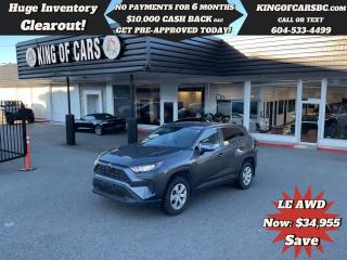 2022 TOYOTA RAV4 LE AWDBACK UP CAMERA, HEATED SEATS, PRE-COLLISION BRAKING, LANE ASSIST, BLIND SPOT DETECTION, ADAPTIVE CRUISE CONTROL, REAR CROSS TRAFFIC ALERT, APPLE CARPLAY, ANDROID AUTO, USB CHARGERS, AUTO STOP & GO, ECO/SPORT MODES, SNOW/MUD/SAND/ROCK/DIRT TERRAIN DRIVE MODES, LED HEADLIGHTS, POWER OPTIONS, A/CBALANCE OF TOYOTA FACTORY WARRANTYCALL US TODAY FOR MORE INFORMATION604 533 4499 OR TEXT US AT 604 360 0123GO TO KINGOFCARSBC.COM AND APPLY FOR A FREE-------- PRE APPROVAL -------STOCK # P214948PLUS ADMINISTRATION FEE OF $895 AND TAXESDEALER # 31301all finance options are subject to ....oac...