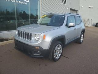 New Price!Fresh MVI, Oil Change, Wheel Alignment and New Wiper Blades!Glacier Metallic 2017 Jeep Renegade Limited 4WD 9-Speed Automatic I4Value Market Pricing, No Accidents, 4-Wheel Disc Brakes, 6 Speakers, 6.5 Touchscreen, ABS brakes, Air Conditioning, Alloy wheels, AM/FM radio: SiriusXM, Anti-whiplash front head restraints, Automatic temperature control, Block heater, Compass, Delay-off headlights, Driver door bin, Driver vanity mirror, Dual front impact airbags, Dual front side impact airbags, Four wheel independent suspension, Front dual zone A/C, Front fog lights, Front reading lights, Fully automatic headlights, GPS Navigation, Heated door mirrors, Heated front seats, Heated steering wheel, Illuminated entry, Leather Shift Knob, Leather steering wheel, Leather-Faced Bucket Seats, Low tire pressure warning, My Sky Power Open Air Roof System, Normal Duty Suspension, Occupant sensing airbag, Outside temperature display, Overhead airbag, Overhead console, Panic alarm, ParkView Rear Back-Up Camera, Passenger door bin, Power door mirrors, Power driver seat, Power steering, Power windows, Premium Navigation Group, Quick Order Package 27G, Radio: Uconnect 3C NAV w/6.5 Display, Rain sensing wipers, Rear window defroster, Rear window wiper, Remote keyless entry, Remote USB Port, Roof rack: rails only, Speed control, Split folding rear seat, Spoiler, Steering wheel mounted audio controls, Tachometer, Telescoping steering wheel, Tilt steering wheel, Traction control, Trip computer, Turn signal indicator mirrors, Variably intermittent wipers, Voltmeter.Certification Program Details: MVI Only Fresh Oil ChangeFair Market Pricing * No Pressure Sales Environment * Access to over 2000 used vehicles * Free Carfax with every car * Our highly skilled and experienced team will ensure that your vehicle is in excellent condition and looking fantastic!!Steele Auto Group is the most diversified group of automobile dealerships in Atlantic Canada, with 34 dealerships selling 27 brands and an employee base of over 1000. Sales are up by double digits over last year and the plan going forward is to expand further into Atlantic Canada.Reviews:* Most owners love the Renegades pleasing highway drive, excellent off-road capability and small-car levels of manoeuvrability. Other owners are highly satisfied with the Renegades unique looks, and uniquely styled cabin. Source: autoTRADER.ca