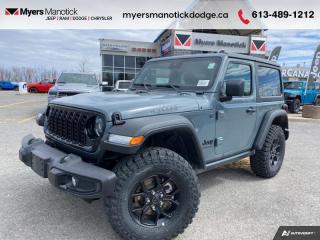 <b>Wi-Fi Hotspot,  Tow Equipment,  Fog Lamps,  Cruise Control,  Rear Camera!</b><br> <br> <br> <br>Call 613-489-1212 to speak to our friendly sales staff today, or come by the dealership!<br> <br>  This Jeep Wrangler is the culmination of tireless innovation and extensive testing to build the ultimate off-road SUV! <br> <br>No matter where your next adventure takes you, this Jeep Wrangler is ready for the challenge. With advanced traction and handling capability, sophisticated safety features and ample ground clearance, the Wrangler is designed to climb up and crawl over the toughest terrain. Inside the cabin of this Wrangler offers supportive seats and comes loaded with the technology you expect while staying loyal to the style and design youve come to know and love.<br> <br> This anvil SUV  has an automatic transmission and is powered by a  270HP 2.0L 4 Cylinder Engine.<br> <br> Our Wranglers trim level is Willys. This off-road icon in the Willys trim features off-road wheels with beefier suspension, comes standard with tow equipment that includes trailer sway control, front and rear tow hooks, front fog lamps, and a manual convertible top with fixed rollover protection. Occupants are treated front and rear illuminated cupholders, air conditioning, full carpet floors with all-weather mats, an 8-speaker audio system, and a 12.3-inch infotainment screen powered by Uconnect 5W, with smartphone integration and mobile hotspot internet access. Additional features include cruise control, a rearview camera, and even more. This vehicle has been upgraded with the following features: Wi-fi Hotspot,  Tow Equipment,  Fog Lamps,  Cruise Control,  Rear Camera. <br><br> View the original window sticker for this vehicle with this url <b><a href=http://www.chrysler.com/hostd/windowsticker/getWindowStickerPdf.do?vin=1C4PJXAN3RW181247 target=_blank>http://www.chrysler.com/hostd/windowsticker/getWindowStickerPdf.do?vin=1C4PJXAN3RW181247</a></b>.<br> <br>To apply right now for financing use this link : <a href=https://CreditOnline.dealertrack.ca/Web/Default.aspx?Token=3206df1a-492e-4453-9f18-918b5245c510&Lang=en target=_blank>https://CreditOnline.dealertrack.ca/Web/Default.aspx?Token=3206df1a-492e-4453-9f18-918b5245c510&Lang=en</a><br><br> <br/> Total  cash rebate of $3075 is reflected in the price. Credit includes up to 5% MSRP.  6.49% financing for 96 months. <br> Buy this vehicle now for the lowest weekly payment of <b>$187.59</b> with $0 down for 96 months @ 6.49% APR O.A.C. ( Plus applicable taxes -  $1199  fees included in price    ).  Incentives expire 2024-07-02.  See dealer for details. <br> <br>If youre looking for a Dodge, Ram, Jeep, and Chrysler dealership in Ottawa that always goes above and beyond for you, visit Myers Manotick Dodge today! Were more than just great cars. We provide the kind of world-class Dodge service experience near Kanata that will make you a Myers customer for life. And with fabulous perks like extended service hours, our 30-day tire price guarantee, the Myers No Charge Engine/Transmission for Life program, and complimentary shuttle service, its no wonder were a top choice for drivers everywhere. Get more with Myers!<br> Come by and check out our fleet of 40+ used cars and trucks and 100+ new cars and trucks for sale in Manotick.  o~o