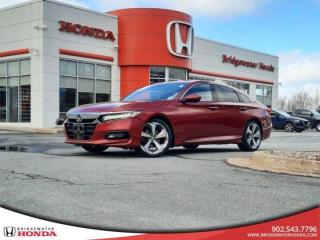 Awards:* JD Power Canada Automotive Performance, Execution and Layout (APEAL) Study * ALG Canada Residual Value Awards * ALG Canada Residual Value Awards, Residual Value Awards Recent Arrival! Red 2018 Honda Accord Touring FWD CVT I4 DOHC 16V Turbocharged Bridgewater Honda, Located in Bridgewater Nova Scotia.Accord Touring, 4D Sedan, FWD, Red, Leather, 10 Speakers, 19 Aluminum-Alloy Wheels, 4-Wheel Disc Brakes, ABS brakes, Adaptive suspension, Air Conditioning, Apple CarPlay/Android Auto, Auto High-beam Headlights, Auto-dimming Rear-View mirror, Automatic temperature control, Backup Camera, Brake assist, Bumpers: body-colour, Compass, Delay-off headlights, Driver door bin, Driver vanity mirror, Dual front impact airbags, Dual front side impact airbags, Electronic Stability Control, Emergency communication system: HondaLink, Four wheel independent suspension, Front anti-roll bar, Front Bucket Seats, Front dual zone A/C, Front fog lights, Front reading lights, Fully automatic headlights, Garage door transmitter: HomeLink, Heads-Up Display, Heated & Ventilated Front Bucket Seats, Heated door mirrors, Heated front seats, Heated rear seats, Heated steering wheel, Illuminated entry, Knee airbag, Leather Shift Knob, Leather steering wheel, Low tire pressure warning, Memory seat, Navigation System, Occupant sensing airbag, Outside temperature display, Overhead airbag, Overhead console, Panic alarm, Passenger door bin, Passenger vanity mirror, Perforated Leather-Trimmed Seating Surfaces, Power door mirrors, Power driver seat, Power moonroof, Power passenger seat, Power steering, Power windows, Radio: 452-Watt AM/FM/SiriusXM Premium Audio, Rain sensing wipers, Rear anti-roll bar, Rear window defroster, Remote keyless entry, Security system, Speed control, Speed-sensing steering, Speed-Sensitive Wipers, Split folding rear seat, Steering wheel mounted audio controls, Tachometer, Telescoping steering wheel, Tilt steering wheel, Traction control, Trip computer, Turn signal indicator mirrors, Variably intermittent wipers, Ventilated front seats.Reviews:* Owners rave about easy-to-use tech, powerful LED headlights, a ride that nicely balances comfort against responsive handling, and powertrains that are refined and rich with low-end torque response for more pleasing power delivery. Plenty of storage space for smaller items, and a nicely finished look and feel to many of the smaller on-board controls rounds out the package. Generous rear-seat legroom is also noted. Source: autoTRADER.ca