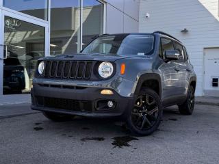Climb inside of our 2017 Jeep Renegade Altitude in Anvil and feel at home! Its powered by a Turbocharged 1.4 Liter 4 Cylinder engine that produces 160 horsepower while paired to a smooth shifting 9-Speed automatic transmission. The dazzling black alloy wheels, black grille, black badging, rear spoiler and roof rails heighten the sporty vibe of this 4WD 5 passenger SUV!Open the door to our Altitude and find a world of comfort and convenience with premium cloth seating, a leather-wrapped steering wheel with mounted audio/cruise controls, air conditioning, a5.0-inch touchscreen display, AM/FM radio that is XM radio ready, and AUX/USB ports for mobile devices.Youll drive confidently knowing our Jeep has a wide variety of safety features including Select-Terrain (auto, snow, sport, sand/mud), a backup camera, bi-xenon HID headlights, a fleet of advanced airbags throughout the vehicle, anti-lock disc brakes, stability/traction control, and more! Print this page and call us Now... We Know You Will Enjoy Your Test Drive Towards Ownership! We look forward to showing you why Go Mazda is the best place for all your automotive needs.Go Mazda is an AMVIC licensed business.Please note: this vehicle was previously registered in the province of Saskatchewan, and is showing CarFax incidents in the amount of $2,375.26, $414.41, and $17,263.97