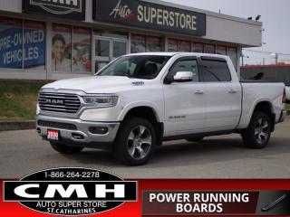 <b>LOADED 4X4 !! NAVIGATION, 360 CAMERA, PARK SENSORS, BLIND SPOT, LANE ASSIST, COLLISION SENSORS, ADAPTIVE CRUISE, LEATHER, COOLED/HEATED SEATS, HEATED STEERING WHEEL, PANO SUNROOF, POWER RUNNING BOARDS, POWER SEATS, REMOTE START, 22-INCH ALLOY WHEELS<br></b><br>      This  2020 Ram 1500 is for sale today. <br> <br>The Ram 1500 delivers power and performance everywhere you need it, with a tech-forward cabin that is all about comfort and convenience. Loaded with best-in-class features, its easy to see why the Ram 1500 is so popular. With the most towing and hauling capability in a Ram 1500, as well as improved efficiency and exceptional capability, this truck has the grit to take on any task. This  Crew Cab 4X4 pickup  has 82,226 kms. Its  ivory tricoat pearl in colour  . It has an automatic transmission and is powered by a  395HP 5.7L 8 Cylinder Engine. <br> <br> Our 1500s trim level is Longhorn. Elevate to new heights in this Ram 1500 Longhorn that comes very well equipped with exclusive aluminum wheels and rugged styling, a heated leather steering wheel, heated and cooled premium leather seats, heated second row seats, and Uconnect 4 with a larger touchscreen that features a premium Alpine stereo system, Apple CarPlay, Android Auto, and built-in navigation. This stunning truck also comes with unique chrome accents, dual zone climate control, bi-functional LED headlights, front and rear Park-Sense sensors, power heated side mirrors, proximity keyless entry, a spray in bed liner, LED cargo area lights, power seats w/ memory, towing equipment, front fog lights, power adjustable pedals and so much more.<br> To view the original window sticker for this vehicle view this <a href=http://www.chrysler.com/hostd/windowsticker/getWindowStickerPdf.do?vin=1C6SRFKT7LN261102 target=_blank>http://www.chrysler.com/hostd/windowsticker/getWindowStickerPdf.do?vin=1C6SRFKT7LN261102</a>. <br/><br> <br>To apply right now for financing use this link : <a href=https://www.cmhniagara.com/financing/ target=_blank>https://www.cmhniagara.com/financing/</a><br><br> <br/><br>Trade-ins are welcome! Financing available OAC ! Price INCLUDES a valid safety certificate! Price INCLUDES a 60-day limited warranty on all vehicles except classic or vintage cars. CMH is a Full Disclosure dealer with no hidden fees. We are a family-owned and operated business for over 30 years! o~o