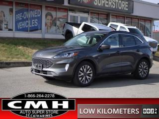<b>ONLY 42,000 KMS !! HYBRID AWD !! NAVIGATION, REAR CAMERA, PARKING SENSORS, ADAPTIVE CRUISE CONTROL, LANE KEEPING, COLLISION SENSOR, BLIND SPOT, LEATHER, POWER SEATS, HEATED SEATS, HEATED STEERING WHEEL, POWER LIFTGATE, REMOTE START, 19-INCH ALLOYS</b><br>      This  2020 Ford Escape is for sale today. <br> <br>All new for 2020, the Ford Escape was built for an active lifestyle and offers plenty of options for you to hit the road in your own individual style. Whether you need a family SUV for soccer practice, a capable adventure vehicle, or both, the versatile Ford Escape has you covered. Built for those who live on the go, the Ford Escape was made to be unstoppable.This low mileage  SUV has just 41,433 kms. Its  grey in colour  . It has an automatic transmission and is powered by a  200HP 2.5L 4 Cylinder Engine. <br> <br> Our Escapes trim level is Titanium Hybrid. Stepping up to this premium Ford Escape Titanium is a wise choice as it comes fully loaded with heated sport contour leather seats that are powered in the front, exclusive aluminum wheels and Fords SYNC 3 infotainment system complete with wireless charging, a large touchscreen, integrated navigation, Apple CarPlay and Android Auto. Additional features include a power rear liftgate, heated leather steering wheel, SiriusXM radio paired with a premium Bang and Olufsen audio system, FordPass Connect 4G LTE, automatic climate control, a smart device remote starter plus unique exterior accents. For added convenience and safety this Ford Escape also comes with Ford Co-Pilot360 that features lane keep assist, active park assist, blind spot detection, automatic emergency braking and cross traffic alert.<br> To view the original window sticker for this vehicle view this <a href=http://www.windowsticker.forddirect.com/windowsticker.pdf?vin=1FMCU9DZ3LUB27350 target=_blank>http://www.windowsticker.forddirect.com/windowsticker.pdf?vin=1FMCU9DZ3LUB27350</a>. <br/><br> <br>To apply right now for financing use this link : <a href=https://www.cmhniagara.com/financing/ target=_blank>https://www.cmhniagara.com/financing/</a><br><br> <br/><br>Trade-ins are welcome! Financing available OAC ! Price INCLUDES a valid safety certificate! Price INCLUDES a 60-day limited warranty on all vehicles except classic or vintage cars. CMH is a Full Disclosure dealer with no hidden fees. We are a family-owned and operated business for over 30 years! o~o