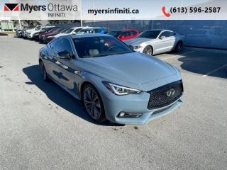 <b>Certified!</b><br> <br>  Compare at $51657 - Our Price is just $50152! <br> <br>   Luxury style in a high speed package is what sets the 2022 Q60 apart. This  2022 INFINITI Q60 is for sale today in Ottawa. <br> <br>Luxury often comes with subtle styling and conservative, conventional design. Yet, this 2022 Q60 breaks all convention with its intense and bold styling, thrilling performance, and loudly proud technology. For something just as luxurious, with a touch of rebellion, check out the 2022 Q60.This  coupe has 40,156 kms and is a Certified Pre-Owned vehicle. Its  slate gray in colour  . It has an automatic transmission and is powered by a  400HP 3.0L V6 Cylinder Engine.  And its got a certified used vehicle warranty for added peace of mind. <br> <br> Our Q60s trim level is Red Sport I-LINE ProACTIVE. This I-LINE INFINITI Q60 comes with added sporty features such as a sport tuned suspension and carbon fibre interior trim. This turbocharged INFINITI Q60 is loaded with comfort and connectivity features such as heated leatherette seats, driver memory settings, a heated leather steering wheel, sunroof, INFINITI InTouch dual display system with navigation and voice recognition, wireless Apple CarPlay, Android Auto, Bose Performance Series audio system, wi-fi, and a proximity key with remote start and cargo access. This fast flying sports car is loaded with sports and safety features such as rev matching, dual chrome exhaust, aluminum alloy wheels, chrome exterior accents, automatic LED lighting, fog lamps, perimeter lights, front and rear parking sensors, blind spot warning, lane departure warning, forward collision warning, and a 360 camera. The added ProACTIVE package adds some great safety features like lane keep assist.<br> <br>To apply right now for financing use this link : <a href=https://www.myersinfiniti.ca/finance/ target=_blank>https://www.myersinfiniti.ca/finance/</a><br><br> <br/>Rigorous Certification ProcessEvery CERTIFIED INFINITI vehicle gets an obsessively detailed inspection prior to earning the CERTIFIED status. An INFINITI-trained technician ensures the highest standards for each vehicle, in a 169-point inspection process.72-month/160,000km Warranty** In effect for period of 72 months or 160,000kms (whichever comes first) from the vehicles original in-service dateINFINITIs Warranty provides coverage for 72 months or 160,000kms (whichever comes first) from your vehicles original in-service date. Over 1900 components are covered including:Engine: Cylinder heads and block and all internal parts, rocker covers and oil pan, valvetrain and front cover, timing chain and tensioner, oil pump and fuel pump, fuel injectors, intake and exhaust manifolds and turbocharger, flywheel, seals and gasketsTransmission and Transfer Case: Case and all internal parts, torque converter and converter housing, automatic transmission control module, transfer case and all internal parts, seals and gaskets, and electronic transmission controlsDrivetrain: Drive shafts, final drive housing and all internal parts, propeller shafts, universal joints, bearings, seals and gaskets$0 Deductible: No deductibles for repairs covered under the Powertrain WarrantyCertified INFINITI BenefitsCertified INFINITI vehicles offer all the exciting performance, innovation and reliability of a INFINITI, with value and peace-of-mind at the heart of the experience. 72 month/160,000kms* WarrantyEasy Financing with INFINITI Financial Services24/7 Premium Roadside Assistance1Rental Vehicle AssistancePersonalized Trip PlanningSirius Satellite Radio Trial210 day/1,500km exchange promise1 In effect for period of 72 months or 160,000kms (whichever comes first) from the vehicles original in-service date2 Available on compatible modelsINFINITIs Executive Protection PlanCustomized Protection: Executive plans provide up to 96 months / 200,000kms1 of extended coverage.Talk to your INFINITI dealer about Executive Protection Plans on your Certified INFINITI.1 In effect for period of 72 months or 160,000kms (whichever comes first) from the vehicles original in-service date<br> <br/><br> Buy this vehicle now for the lowest bi-weekly payment of <b>$447.09</b> with $0 down for 84 months @ 11.00% APR O.A.C. ( taxes included, and licensing fees   ).  See dealer for details. <br> <br>*LIFETIME ENGINE TRANSMISSION WARRANTY NOT AVAILABLE ON VEHICLES WITH KMS EXCEEDING 140,000KM, VEHICLES 8 YEARS & OLDER, OR HIGHLINE BRAND VEHICLE(eg. BMW, INFINITI. CADILLAC, LEXUS...)<br> Come by and check out our fleet of 40+ used cars and trucks and 90+ new cars and trucks for sale in Ottawa.  o~o