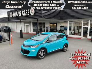 2021 CHEVROLET BOLT EV PREMIERELECTRIC VEHICLE! -- ONLY 5% TAX!!!360 DEGREE CAMERA, LEATHER SEATS, HEATED SEATS, HEATED STEERING WHEEL, HEATED REAR SEATS, REAR VIEW MIRROR CAMERA, FORWARD COLLISION BRAKING, FRONT PEDESTRIAN DETECTION, REAR CROSS TRAFFIC ALERT, LANE ASSIST, BLIND SPOT DETECTION, ADAPTIVE CRUISE CONTROL, PARKING SENSORS, TOUCHSCREEN DISPLAY, APPLE CARPLAY, ANDROID AUTO, REMOTE STARTER, KEYLESS GO, PUSH BUTTON START, BOSE SPEAKER SYSTEM, LED HEADLIGHTSBALANCE OF CHEVROLET FACTORY WARRANTYCALL US TODAY FOR MORE INFORMATION604 533 4499 OR TEXT US AT 604 360 0123GO TO KINGOFCARSBC.COM AND APPLY FOR A FREE-------- PRE APPROVAL -------STOCK # P214954PLUS ADMINISTRATION FEE OF $895 AND TAXESDEALER # 31301all finance options are subject to ....oac...