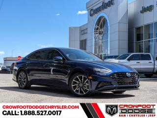 <b>Low Mileage, Heads Up Display,  Cooled Seats,  Leather Seats,  Bose Premium Audio,  Wireless Charging!</b><br> <br> Welcome to Crowfoot Dodge, Calgarys New and Pre-owned Superstore proudly serving Albertans for 44 years!<br> <br> Compare at $39495 - Our Price is just $37495! <br> <br>   Complete with the latest and greatest safety tech, this Sonata is a sweet taste of the future. This  2021 Hyundai Sonata is fresh on our lot in Calgary. <br> <br>The very stylish design of this 2021 Hyundai Sonata is only the beginning. Inside, youll be impressed by the vast amounts of features that make your drive better. Youll also feel added peace of mind with a number of available Hyundai SmartSense safety technologies that actively monitor your surroundings. For a look at the sedan of the future, check out this 2021 Hyundai Sonata.This low mileage  sedan has just 19,641 kms. Stock number 10412A is blue in colour  . It has a 8 speed automatic transmission and is powered by a  180HP 1.6L 4 Cylinder Engine.  This unit has some remaining factory warranty for added peace of mind. <br> <br> Our Sonatas trim level is 1.6T Ultimate. This Sonata Ultimate brings nothing but the best with a head-up display, wireless charging, heated and cooled leather seats, Android Auto, Apple CarPlay, HD radio, driver memory settings, ambient interior lighting, navigation, SiriusXM, heated leather steering wheel, digital instrument cluster, proximity key, hands free trunk, remote start, touchscreen infotainment, and a Bose Premium audio system. It has great style with liquid chrome interior accents, alloy wheels, LED lighting with automatic headlamps and high beams, heated and powered side mirror turn signals and blind spot indicators, and chrome exterior trim. This Sonata drives practically itself with adaptive cruise with stop and go, collision mitigation, remote smart park assist, highway autopilot, and lane keep assist.
 This vehicle has been upgraded with the following features: Heads Up Display,  Cooled Seats,  Leather Seats,  Bose Premium Audio,  Wireless Charging,  Driver Assist Apple Carplay,  Android Auto 
. <br> <br/><br> Buy this vehicle now for the lowest bi-weekly payment of <b>$244.24</b> with $0 down for 96 months @ 7.99% APR O.A.C. ( Plus GST      / Total Obligation of $50802  ).  See dealer for details. <br> <br>At Crowfoot Dodge, we offer:<br>
<ul>
<li>Over 500 New vehicles available and 100 Pre-Owned vehicles in stock...PLUS fresh trades arriving daily!</li>
<li>Financing and leasing arrangements with rates from prime +0%</li>
<li>Same day delivery.</li>
<li>Experienced sales staff with great customer service.</li>
</ul><br><br>
Come VISIT us today!<br><br> Come by and check out our fleet of 80+ used cars and trucks and 170+ new cars and trucks for sale in Calgary.  o~o
