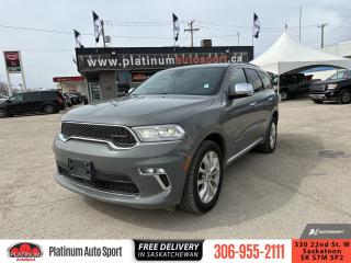 <b>Leather Seats,  Wi-Fi,  Navigation,  Heated Seats,  Premium Sound Package!</b><br> <br>    A real family hauler, a real SUV, and a real stylish ride, the Dodge Durango does it all. This  2021 Dodge Durango is for sale today. <br> <br>Filled with impressive standard features, this family friendly 2021 Dodge Durango is a surprising and adventurous SUV. Versatile as they come, you can manage any road you find in comfort and style, while effortlessly leading the pack in this Dodge Durango. For a capable, impressive, and versatile family SUV that can still climb mountains, this Dodge Durango is ready for your familys next big adventure.This  SUV has 93,632 kms. Its  grey in colour  . It has a 8 speed automatic transmission and is powered by a  295HP 3.6L V6 Cylinder Engine.  This unit has some remaining factory warranty for added peace of mind. <br> <br> Our Durangos trim level is Citadel. This amazing Citadel is built for luxury with chrome exterior accents, Nappa leather seats that are heated in the front and 2nd rows, and a power liftgate! Youll also get a heated leather steering wheel with audio and cruise controls, full color digital instrument cluster, 3rd row seating with remote folding headrests, a proximity key with push button start, Uconnect4, navigation, a touchscreen, wi-fi, Apple CarPlay, Android Auto, Bluetooth, SiriusXM, a premium Alpine sound system, a 115 volt power outlet, all wheel drive, fog lights, larger aluminum wheels, rear parking assistance, remote engine start and ready alert braking.
 This vehicle has been upgraded with the following features: Leather Seats,  Wi-fi,  Navigation,  Heated Seats,  Premium Sound Package,  Power Liftgate,  Remote Start. <br> To view the original window sticker for this vehicle view this <a href=http://www.chrysler.com/hostd/windowsticker/getWindowStickerPdf.do?vin=1C4RDJEG4MC694445 target=_blank>http://www.chrysler.com/hostd/windowsticker/getWindowStickerPdf.do?vin=1C4RDJEG4MC694445</a>. <br/><br> <br>To apply right now for financing use this link : <a href=https://www.platinumautosport.com/credit-application/ target=_blank>https://www.platinumautosport.com/credit-application/</a><br><br> <br/><br> Buy this vehicle now for the lowest bi-weekly payment of <b>$236.18</b> with $0 down for 96 months @ 5.99% APR O.A.C. ( Plus applicable taxes -  Plus applicable fees   ).  See dealer for details. <br> <br><br> We know that you have high expectations, and as car dealers, we enjoy the challenge of meeting and exceeding those standards each and every time. Allow us to demonstrate our commitment to excellence! </br>

<br> As your one stop shop for quality pre owned vehicles and hassle free auto financing in Saskatoon, we provide the following offers & incentives for our valued clients in Saskatchewan, Alberta & Manitoba. </br> o~o