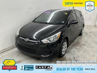 
 Tinted Windows, Fog Lights, Aux/MP3 Line-in, Alloy Wheels, Tilt Steering, ULTRA BLACK PEARL, BLACK, CLOTH SEATING SURFACES, 12V Outlet, Wheels: 14 x 5.0J Steel w/Full Wheel Covers, Variable Intermittent Wipers. This Hyundai ACCENT has a powerful Regular Unleaded I-4 1.6 L/97 engine powering this Manual transmission. 
 
This Hyundai ACCENT L Has Everything You Want 
 Urethane Gear Shifter Material, Transmission: 6-Speed Manual, Torsion Beam Rear Suspension w/Coil Springs, Tires: P175/70TR14, Steel Spare Wheel, Single Stainless Steel Exhaust, Side Impact Beams, Rigid Cargo Cover, Remote Releases -Inc: Mechanical Fuel, Rear Child Safety Locks, Radio: AM/FM/CD/MP3 Audio System -inc: iPod/USB auxiliary input jacks, 2 front door mounted speakers and 2 rear door mounted speakers, Radio w/Seek-Scan and Clock, Provision Air Conditioning, Power Door Locks, Outboard Front Lap And Shoulder Safety Belts -inc: Rear Centre 3 Point, Height Adjusters and Pretensioners, Manual Tilt Steering Column, Manual Rear Windows, Manual Adjustable Rear Head Restraints, Manual 1st Row Windows, Interior Trim -inc: Metal-Look Door Panel Insert and Metal-Look Interior Accents. 
 
 Expert Reviews!
 As reported by The Manufacturer Summary: The Hyundai Accent is an entry-level car that doesnt feel like one, look like one or drive like one. The Fluidic Sculpture design theme that sets Hyundai apart has been extended to the Accent. Hyundai has given it a distinctive front fascia, bold rear bumper design and flowing lines that you normally wouldnt find on a car in this segment. The rear hatch on the Accent 5-Door increases versatility and functionality, while expressive side character lines spice up its signature style. Whether youre behind the wheel, a backseat driver, or lucky enough to be riding shotgun, the spacious interior of the Accent offers comfort and refinement thats unique to its class, In fact, the EPA even upgraded the 4-Door Accent to a compact sedan rating. The Accent 5-Door also has best-in-class cargo volume, allowing more room for the gear you dont want to leave behind. The Accent features an award-winning, eco-efficient 1.6L GDI engine that generates 138hp. The Dual Continuously Variable Valve Timing helps improve torque and enhance fuel efficiency so you spend less time at the pump. Offering 37 MPG fuel economy, its performance without compromise. This 4-cylinder can be coupled with a 6-speed manual or 6-speed automatic transmission with SHIFTRONIC. Whether youre listening to SiriusXM on the 6- speaker, 172-Watt audio system, controlling the cruise control from your steering wheel or chatting hands-free via Bluetooth, youre going to feel smarter for choosing the Accent. With the Accent, sophisticated safety features come standard. Its active safety systems react instantly and predictably to help you avoid an accident, and is equipped with front, front side-impact and side-curtain airbags to help protect you if the unavoidable occurs. 


THE SUPER DAVES ADVANTAGE
 
BUY REMOTE - No need to visit the dealership. Through email, text, or a phone call, you can complete the purchase of your next vehicle all without leaving your house!
 
DELIVERED TO YOUR DOOR - Your new car, delivered straight to your door! When buying your car with Super Daves, well arrange a fast and secure delivery. Just pick a time that works for you and well bring you your new wheels!
 
PEACE OF MIND WARRANTY - Every vehicle we sell comes backed with a warranty so you can drive with confidence.
 
EXTENDED COVERAGE - Get added protection on your new car and drive confidently with our selection of competitively priced extended warranties.
 
WE ACCEPT TRADES - We’ll accept your trade for top dollar! We’ll assess your trade in with a few quick questions and offer a guaranteed value for your ride. We’ll even come pick up your trade when we deliver your new car.
 
SUPER CERTIFIED INSPECTION - Every vehicle undergoes an extensive 120 point inspection, that ensure you get a safe, high quality used vehicle every time.
 
FREE CARFAX VEHICLE HISTORY REPORT - If youre buying used, its important to know your cars history. Thats why we provide a free vehicle history report that lists any accidents, prior defects, and other important information that may be useful to you in your decision.
 
METICULOUSLY DETAILED – Buying used doesn’t mean buying grubby. We want your car to shine and sparkle when it arrives to you. Our professional team of detailers will have your new-to-you ride looking new car fresh.
 
(Please note that we make all attempt to verify equipment, trim levels, options, accessories, kilometers and price listed in our ads however we make no guarantees regarding the accuracy of these ads online. Features are populated by VIN decoder from manufacturers original specifications. Some equipment such as wheels and wheels sizes, along with other equipment or features may have changed or may not be present. We do not guarantee a vehicle manual, manuals can be typically found online in the rare event the vehicle does not have one. Please verify all listed information with our dealership in person before purchase. The sale price does not include any ongoing subscription based services such as Satellite Radio. Any software or hardware updates needed to run any of these systems would also be the responsibility of the client. All listed payments are OAC which means On Approved Credit and are estimated without taxes and fees as these may vary from deal to deal, taxes and fees are extra. As these payments are based off our lenders best offering they may be subject to change without notice. Please ensure this vehicle is ready to be viewed at the dealership by making an appointment with our sales staff. We cannot guarantee this vehicle will be on premises and ready for viewing unless and appointment has been made.)
