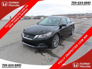 Awards:* IIHS Canada Top Safety PickOdometer is 20466 kilometers below market average! Crystal Black Pearl 2015 Honda Accord Sport FWD CVT 2.4L I4 DOHC 16V i-VTEC*Professionally Detailed*, *Market Value Pricing*, Black w/Cloth Seat Trim, 4-Wheel Disc Brakes, 6 Speakers, ABS brakes, Air Conditioning, AM/FM radio, Automatic temperature control, Brake assist, Bumpers: body-colour, CD player, Cloth Seat Trim, Delay-off headlights, Driver door bin, Driver vanity mirror, Dual front impact airbags, Dual front side impact airbags, Electronic Stability Control, Exterior Parking Camera Rear, Four wheel independent suspension, Front anti-roll bar, Front dual zone A/C, Front fog lights, Front reading lights, Fully automatic headlights, Heated door mirrors, Heated Front Bucket Seats, Illuminated entry, Leather steering wheel, Low tire pressure warning, Occupant sensing airbag, Outside temperature display, Overhead airbag, Overhead console, Panic alarm, Passenger door bin, Passenger vanity mirror, Power door mirrors, Power driver seat, Power moonroof, Power steering, Power windows, Radio data system, Radio: 160-Watt AM/FM/CD/MP3/WMA w/6 Speakers, Rear anti-roll bar, Rear window defroster, Remote keyless entry, Security system, Speed control, Speed-sensing steering, Speed-Sensitive Wipers, Spoiler, Steering wheel mounted audio controls, Tachometer, Telescoping steering wheel, Tilt steering wheel, Traction control, Trip computer, Turn signal indicator mirrors, Variably intermittent wipers, Wheels: 18 Pewter Grey Aluminum Alloy.Certification Program Details: 85 Point Inspection Top Up Fluids Brake Inspection Tire Inspection Fresh 2 Year MVI Fresh Oil ChangeReviews:* Accord owners from this generation typically rave about a refined four-cylinder powertrain, plenty of at-hand storage in the cabin, easy-to-use features, a generous trunk, decent rear seat space, good fuel mileage and an overall pleasant-to-drive experience. Performance thrills and output from V6-powered models is highly rated, too. Source: autoTRADER.caFairway Honda - Community Driven!