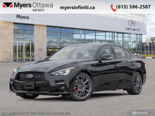 <b>Leather Seats,  Sunroof,  Apple CarPlay,  Android Auto,  Remote Start!</b><br> <br> <br> <br>  Compared with other contemporary sports sedans, this 2024 Infiniti Q50 leaves little to be desired. <br> <br>This gorgeous Infiniti Q50 is a meticulously engineered sports sedan, built with fun and comfort in mind. Impressive technology, adequate ergonomics and stellar dynamics make this Q50 a strong contender in this competitive vehicle class. Also bundled with cutting edge driver-assistive and safety systems, this 2024 Infiniti Q50 checks all the boxes and remains a desirable and versatile sports sedan.<br> <br> This midnight black sedan  has an automatic transmission and is powered by a  400HP 3.0L V6 Cylinder Engine.<br> <br> Our Q50s trim level is Red Sport I-LINE ProACTIVE. This Q50 has all the cool tech you need with Infiniti InTouch dual display infotainment with wireless Apple CarPlay and Android Auto, Siri EyesFree, Bluetooth hands free phone assistant, Wi-Fi, and streaming audio. Convenience features include heated seats and steering wheel, power liftgate, and forward emergency braking. The exterior features chrome exhaust tips, alloy wheels, rain sensing wipers, automatic LED lighting with fog lamps, and stylish perimeter approach lights. This Red Sport I-Line trim also comes with performance suspension, exclusive wheels, blacked out exterior trim, quilted leather seats with red accents, navigation, leather seats, a sunroof, Bose CentrePoint Audio, distance pacing, remote start, parking sensors, bling spot warning, and a 360 degree parking camera. This vehicle has been upgraded with the following features: Leather Seats,  Sunroof,  Apple Carplay,  Android Auto,  Remote Start,  Navigation,  Bose Performance Audio. <br><br> <br>To apply right now for financing use this link : <a href=https://www.myersinfiniti.ca/finance/ target=_blank>https://www.myersinfiniti.ca/finance/</a><br><br> <br/>    0% financing for 36 months. 3.99% financing for 84 months. <br> Buy this vehicle now for the lowest bi-weekly payment of <b>$503.06</b> with $0 down for 84 months @ 3.99% APR O.A.C. ( taxes included, $821  and licensing fees    ).  Incentives expire 2024-07-02.  See dealer for details. <br> <br><br> Come by and check out our fleet of 40+ used cars and trucks and 90+ new cars and trucks for sale in Ottawa.  o~o