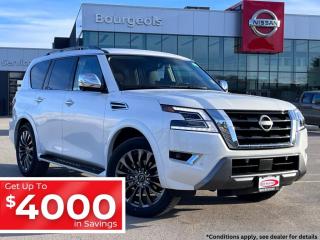 <b>Rear Entertainment,  Cooled Seats,  Sunroof,  Navigation,  Bose Premium Audio!</b><br> <br> <br> <br>  Whether its your familys busy week, an adventurous weekend or a long haul, trust this 2024 Armada to get it done. <br> <br>This 2024 Nissan Armada with its excellent road manners is arguably one of the best SUVs on the market. A well fitted and luxurious cabin keeps all passengers comfortable as it tackles highways and back roads with the same level of expertise and confidence. High towing capabilities as well as a generous cargo space only add to the versatility of this premium SUV, letting you haul family and luggage alike with no sacrifices being made to stability or power delivery.<br> <br> This aspen white pearl SUV  has a 7 speed automatic transmission and is powered by a  400HP 5.6L 8 Cylinder Engine.<br> <br> Our Armadas trim level is Platinum. This Platinum trim adds in rear seat entertainment with double LCD monitors and cooled front seats, and is loaded with great standard features such as a 13-speaker Bose Premium Audio setup, mobile device wireless charging, Wi-Fi hotspot, a glass sunroof, a power liftgate for rear cargo access, and a heated steering wheel. Infotainment duties are handled by a 12.3-inch multi-touch screen with wireless Apple CarPlay and Android Auto, NissanConnect services, and inbuilt navigation with voice navigation. Safety features include blind spot detection, adaptive cruise control, intelligent forward collision warning, lane keeping assist with lane departure warning, front and rear collision mitigation, and front and rear parking sensors. This vehicle has been upgraded with the following features: Rear Entertainment,  Cooled Seats,  Sunroof,  Navigation,  Bose Premium Audio,  Wireless Charging,  Wi-fi Hotspot. <br><br> <br>To apply right now for financing use this link : <a href=https://www.bourgeoisnissan.com/finance/ target=_blank>https://www.bourgeoisnissan.com/finance/</a><br><br> <br/><br>Discount on vehicle represents the Cash Purchase discount applicable and is inclusive of all non-stackable and stackable cash purchase discounts from Nissan Canada and Bourgeois Midland Nissan and is offered in lieu of sub-vented lease or finance rates. To get details on current discounts applicable to this and other vehicles in our inventory for Lease and Finance customer, see a member of our team. </br></br>Since Bourgeois Midland Nissan opened its doors, we have been consistently striving to provide the BEST quality new and used vehicles to the Midland area. We have a passion for serving our community, and providing the best automotive services around.Customer service is our number one priority, and this commitment to quality extends to every department. That means that your experience with Bourgeois Midland Nissan will exceed your expectations  whether youre meeting with our sales team to buy a new car or truck, or youre bringing your vehicle in for a repair or checkup.Building lasting relationships is what were all about. We want every customer to feel confident with his or her purchase, and to have a stress-free experience. Our friendly team will happily give you a test drive of any of our vehicles, or answer any questions you have with NO sales pressure.We look forward to welcoming you to our dealership located at 760 Prospect Blvd in Midland, and helping you meet all of your auto needs!<br> Come by and check out our fleet of 30+ used cars and trucks and 100+ new cars and trucks for sale in Midland.  o~o