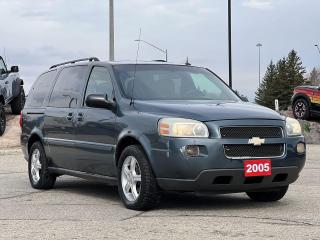 Dark Blue Metallic 2005 Chevrolet Uplander LT 3.5L SFI V6 4-Speed Automatic FWD 17 x 6.5 Aluminum Wheels, 3.29 Axle Ratio, 3rd row seats: split-bench, 4-Wheel Disc Brakes, 6-Way Power Drivers Seat, 7-Passenger Seating w/2nd Row Captains, ABS brakes, Air Conditioning, Alloy wheels, AM/FM radio, Block heater, Bumpers: body-colour, CD player, Comfort Ride Suspension, Compass, Custom Cloth Seat Trim, Deep Tint Glass, Delay-off headlights, Driver door bin, Driver vanity mirror, Driver/Passenger Seat Mounted Side Impact Airbags, Drivers Seat Mounted Armrest, Dual front impact airbags, Dual front side impact airbags, Electronic Cruise Control w/Resume Speed, Emergency communication system: OnStar, Front anti-roll bar, Front Bucket Seats, Front reading lights, Front wheel independent suspension, Fully automatic headlights, Heated door mirrors, Illuminated entry, Illuminated Visor Vanity Mirrors, LT Package w/LT Exterior Badging, Occupant sensing airbag, Outside temperature display, Overhead Storage Bin, Panic alarm, Passenger door bin, Passenger seat mounted armrest, Passenger vanity mirror, Power door mirrors, Power driver seat, Power Rear Vents, Power steering, Power windows, Power Windows w/Driver Side Express Down, Radio data system, Radio: AM/FM Stereo w/CD Player/MP3 Player, Rear anti-roll bar, Rear reading lights, Rear window defroster, Rear window wiper, Remote keyless entry, Remote Start, Roof Rack Side Rails, Roof rack: rails only, Security system, Select-A-Unit 3, Speed control, Split folding rear seat, Steering wheel mounted audio controls, Tachometer, Tilt steering wheel, Trip computer, Uplevel Cluster w/Driver Information Centre, Variably intermittent wipers, Voltmeter.