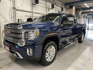 ONLY 7,500 KMS!! LOADED DENALI ULTIMATE 4x4 CREW CAB W/ 6.6L DURAMAX DIESEL AND 10-SPEED ALLISON TRANSMISSION! Stunning Pacific Blue finish w/ Ultimate & 5th Wheel/Goose Neck prep pkg incl. sunroof, heated/cooled leather seats, heated steering, remote start, 360 camera w/ front & rear park sensors, navigation, heads-up display, blind spot monitor, rear cross-traffic alert, pre-collision system, digital display rear-view mirror, tow package w/ integrated trailer brake controller (20,000lb capacity!), wireless charger, Bose audio, 20-inch alloys, MultiPro tailgate, 6-foot 7-inch box w/ spray-in bedliner, running boards, power extending trailer mirrors, Apple CarPlay/Android Auto, power seats w/ driver memory, block heater, dual-zone climate control, rear box & bumper steps, garage door opener, diesel exhaust brake, Bluetooth and Sirius XM!