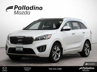 <b>Low Mileage, Navigation,  Sunroof,  Leather Seats,  Cooled Seats,  Heated Seats!<br> <br></b><br>     The 2018 KIA Sorento has the power to surprise and is make for all of lifes adventures. This  2018 Kia Sorento is for sale today in Sudbury. <br> <br>As soon as you enter the cabin of the 2018 Kia Sorento, youll recognize that its a very warm and welcoming space to be. Thanks to its intuitive cabin layout, controls are easy to reach and the seats are extremely comfortable. The look is so much more adventurous than anything youd imagine for a vehicle this functional. It has the look of confidence, opening previously uncharted territory for you and your family.This low mileage  SUV has just 55,109 kms. Its  snow white pearl in colour  . It has an automatic transmission and is powered by a  2.0L I4 16V GDI DOHC Turbo engine.  It may have some remaining factory warranty, please check with dealer for details. <br> <br> Our Sorentos trim level is SX. The powerful 2018 Kia Sorento SX is undeniably a premium SUV and includes features like a larger sunroof, full time all wheel drive, larger aluminum wheels, a power liftgate, heated rear seats and heated steering wheel, a larger - enhanced 8 inch touchscreen display with an Infinity speaker stereo and built in navigation, SiriusXM satellite radio, Apple CarPlay, Android Auto, Bluetooth streaming audio and voice activation technology, power heated side mirrors with turn signal indicators, roof rack rails, front fog lamps, power windows, premium leather bucket seats that are heated and cooled, a proximity key for push button start, memory seats and mirrors settings, blind spot sensor, rear collision sensor, back up camera and much more. This vehicle has been upgraded with the following features: Navigation,  Sunroof,  Leather Seats,  Cooled Seats,  Heated Seats,  Heated Steering Wheel,  Premium Sound Package. <br> <br>To apply right now for financing use this link : <a href=https://www.palladinomazda.ca/finance/ target=_blank>https://www.palladinomazda.ca/finance/</a><br><br> <br/><br>Palladino Mazda in Sudbury Ontario is your ultimate resource for new Mazda vehicles and used Mazda vehicles. We not only offer our clients a large selection of top quality, affordable Mazda models, but we do so with uncompromising customer service and professionalism. We takes pride in representing one of Canadas premier automotive brands. Mazda models lead the way in terms of affordability, reliability, performance, and fuel efficiency.The advertised price is for financing purchases only. All cash purchases will be subject to an additional surcharge of $2,501.00. This advertised price also does not include taxes and licensing fees.<br> Come by and check out our fleet of 90+ used cars and trucks and 90+ new cars and trucks for sale in Sudbury.  o~o