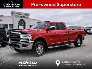 2021 Ram 3500 4D Crew Cab Laramie Flame Red Clearcoat 2nd Row In-Floor Storage Bins, Auto High-Beam Headlamp Control, Blind-Spot/Cross-Path, Bright Power Tow Spotter Mirrors w/Memory, Door Trim Panel Foam Bottle Insert, Exterior Mirrors w/Memory Settings, Front Ventilated Seats, Laramie Level 1 Equipment Group (DISC), Mirror-Mounted Aux Reverse Lamps, Navigation System, Power Adjustable Pedals w/Memory, Power Convex Aux Exterior Mirrors, Power Sunroof, Protection Group, Quick Order Package 21H Laramie, Radio/Driver Seat/Mirrors/Pedals Memory, Rain-Sensing Windshield Wipers, Remote Tailgate Release, SiriusXM Traffic. 4WD 6.7L Cummins I6 Turbodiesel 6-Speed Automatic<br><br><br>Awards:<br>  * JD Power Canada Initial Quality Study (IQS)<br><br><br>Here at Chatham Chrysler, our Financial Services Department is dedicated to offering the service that you deserve. We are experienced with all levels of credit and are looking forward to sitting down with you. Chatham Chrysler Proudly serves customers from London, Ridgetown, Thamesville, Wallaceburg, Chatham, Tilbury, Essex, LaSalle, Amherstburg and Windsor with no distance being ever too far! At Chatham Chrysler, WE CAN DO IT!
