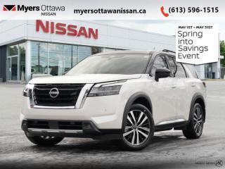 <b>Cooled Seats,  Bose Premium Audio,  HUD,  Wireless Charging,  Sunroof!</b><br> <br> <br> <br>  After a hard day on the trail or hauling family, the interior of this 2024 Nissan feels like a sanctuary. <br> <br>With all the latest safety features, all the latest innovations for capability, and all the latest connectivity and style features you could want, this 2024 Nissan Pathfinder is ready for every adventure. Whether its the urban cityscape, or the backcountry trail, this 2024Pathfinder was designed to tackle it with grace. If you have an active family, they deserve all the comfort, style, and capability of the 2024 Nissan Pathfinder.<br> <br> This white 2-tone SUV  has an automatic transmission and is powered by a  284HP 3.5L V6 Cylinder Engine.<br> <br> Our Pathfinders trim level is Platinum. This Pathfinder Platinum trim adds top of the line comfort features such as a heads-up display, Bose Premium Audio System, wireless Apple CarPlay and Android Auto, heated and cooled quilted leather trimmed seats, and heated second row captains chairs. This family SUV is ready for the city or the trail with modern features such as NissanConnect with navigation, touchscreen, and voice command, Apple CarPlay and Android Auto, paddle shifters, Class III towing equipment with hitch sway control, automatic locking hubs, a 120V outlet, alloy wheels, automatic LED headlamps, and fog lamps. Keep your family safe and comfortable with a heated leather steering wheel, driver memory settings, a dual row sunroof, a proximity key with proximity cargo access, smart device remote start, power liftgate, collision mitigation, lane keep assist, blind spot intervention, front and rear parking sensors, and a 360-degree camera. This vehicle has been upgraded with the following features: Cooled Seats,  Bose Premium Audio,  Hud,  Wireless Charging,  Sunroof,  Navigation,  Heated Seats. <br><br> <br>To apply right now for financing use this link : <a href=https://www.myersottawanissan.ca/finance target=_blank>https://www.myersottawanissan.ca/finance</a><br><br> <br/>    6.49% financing for 84 months. <br> Payments from <b>$932.26</b> monthly with $0 down for 84 months @ 6.49% APR O.A.C. ( Plus applicable taxes -  $621 Administration fee included. Licensing not included.    ).  Incentives expire 2024-05-31.  See dealer for details. <br> <br> <br>LEASING:<br><br>Estimated Lease Payment: $861/m <br>Payment based on 3.99% lease financing for 39 months with $0 down payment on approved credit. Total obligation $33,601. Mileage allowance of 20,000 KM/year. Offer expires 2024-05-31.<br><br><br><br> Come by and check out our fleet of 40+ used cars and trucks and 110+ new cars and trucks for sale in Ottawa.  o~o