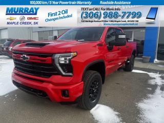 Robust and Diesel powered, our 2024 Chevrolet Silverado 2500 LTZ Crew Cab 4X4 in Red Hot greets your days with eager enthusiasm! Motivated by a TurboCharged 6.6 Litre DuraMax Diesel V8 offering 470hp and 975lb-ft of torque to a 10 Speed Allison Automatic transmission. This Four Wheel Drive truck is also impressively maneuverable with an auto-locking rear differential and digital variable steering. Bold styling comes into play with our Silverados LED lighting, fog lamps, stainless steel beltline moldings, power-folding trailer mirrors, an EZ Lift power lock/release tailgate, cargo-bed lighting, a 120V outlet, and alloy wheels. Our LTZ cabin is a comfortable command post for busy days with heated leather power front seats, a heated-wrapped steering wheel, dual-zone automatic climate control, keyless access/ignition, remote start, and 12V/120V power outlets. A high-tech truck, our Silverado is at your service with a 12.3-inch driver display, a 13.4-inch touchscreen, WiFi compatibility, wireless Android Auto/Apple CarPlay, Bluetooth, and a six-speaker audio system. Chevrolet promotes safer trucking with an HD rearview camera, automatic braking, forward collision alert, a following distance indicator, hitch guidance, a rear seat reminder, trailer sway control, hill start assistance, and more. Its no wonder our Silverado 2500 LTZ satisfies so many owners! Save this Page and Call for Availability. We Know You Will Enjoy Your Test Drive Towards Ownership!