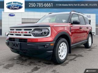 <b>Sunroof, Ford Co-Pilot360 Assist+, Wireless Charging, 8-way Power Drivers Seat!</b><br> <br>   This 2024 Ford Bronco Sport is no rip-off of its bigger brother; its an off road-capable and versatile compact SUV. <br> <br>A compact footprint, an iconic name, and modern luxury come together to make this Bronco Sport an instant classic. Whether your next adventure takes you deep into the rugged wilds, or into the rough and rumble city, this Bronco Sport is exactly what you need. With enough cargo space for all of your gear, the capability to get you anywhere, and a manageable footprint, theres nothing quite like this Ford Bronco Sport.<br> <br> This hot pepper red met tint cc SUV  has a 8 speed automatic transmission and is powered by a  181HP 1.5L 3 Cylinder Engine.<br> <br> Our Bronco Sports trim level is Heritage. This Bronco Sport Heritage comes standard with unique aluminum wheels, class II towing equipment with a hitch and trailer sway control, heated cloth front seats that feature power lumbar adjustment, and SiriusXM streaming radio. Also standard include voice-activated automatic air conditioning, 8-inch SYNC 3 powered infotainment screen with Apple CarPlay and Android Auto, smart charging USB type-A and type-C ports, 4G LTE mobile hotspot internet access, proximity keyless entry with remote start, and a robust terrain management system that features the trademark Go Over All Terrain (G.O.A.T.) driving modes. Additional features include blind spot detection, rear cross traffic alert and pre-collision assist with automatic emergency braking, lane keeping assist, lane departure warning, forward collision alert, driver monitoring alert, a rear-view camera, and so much more. This vehicle has been upgraded with the following features: Sunroof, Ford Co-pilot360 Assist+, Wireless Charging, 8-way Power Drivers Seat. <br><br> View the original window sticker for this vehicle with this url <b><a href=http://www.windowsticker.forddirect.com/windowsticker.pdf?vin=3FMCR9G68RRE49128 target=_blank>http://www.windowsticker.forddirect.com/windowsticker.pdf?vin=3FMCR9G68RRE49128</a></b>.<br> <br>To apply right now for financing use this link : <a href=https://www.fortmotors.ca/apply-for-credit/ target=_blank>https://www.fortmotors.ca/apply-for-credit/</a><br><br> <br/><br>Come down to Fort Motors and take it for a spin!<p><br> Come by and check out our fleet of 30+ used cars and trucks and 60+ new cars and trucks for sale in Fort St John.  o~o