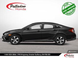<b>Heated Seats,  Apple CarPlay,  Android Auto,  Lane Keep Assist,  Collision Mitigation!</b><br> <br>    The Honda Civic is an even more compelling choice, combining the latest safety upgrades and a truly engaging driving experience. This  2020 Honda Civic Sedan is fresh on our lot in Sudbury. <br> <br>With harmonious power, excellent handling capability, plus its engaging driving dynamic, this 2020 Honda Civic is a highly compelling choice in the eco-friendly compact car segment. Regardless of your style preference or driving habits, this impressive Honda Civic will perfectly suit your wants and needs. The Civic offers the right amount of cargo space, an aggressive exterior design with sporty and sleek body lines, plus a comfortable and ergonomic interior layout that works well with all family sizes. This Civic easily makes a bold statement without saying a word! This  sedan has 91,791 kms. Its  crystal black pearl in colour  . It has an automatic transmission and is powered by a  158HP 2.0L 4 Cylinder Engine.  It may have some remaining factory warranty, please check with dealer for details. <br> <br> Our Civic Sedans trim level is LX CVT. This LX Civic still packs a lot of features for an incredible value with driver assistance technology like collision mitigation with forward collision warning, lane keep assist with road departure mitigation, adaptive cruise control, straight driving assist for slopes, and automatic highbeams you normally only expect with a higher price. The interior is as comfy and advanced as you need with heated front seats, remote keyless entry, Apple CarPlay, Android Auto, Bluetooth, Siri EyesFree, WiFi tethering, steering wheel with cruise and audio controls, multi-angle rearview camera, 7 inch driver information display, and automatic climate control. The exterior has some great style with a refreshed grille, independent suspension, heated power side mirrors, and LED taillamps. This vehicle has been upgraded with the following features: Heated Seats,  Apple Carplay,  Android Auto,  Lane Keep Assist,  Collision Mitigation,  Siri Eyesfree,  Remote Keyless Entry. <br> <br>To apply right now for financing use this link : <a href=https://www.palladinohonda.com/finance/finance-application target=_blank>https://www.palladinohonda.com/finance/finance-application</a><br><br> <br/><br>Palladino Honda is your ultimate resource for all things Honda, especially for drivers in and around Sturgeon Falls, Elliot Lake, Espanola, Alban, and Little Current. Our dealership boasts a vast selection of high-class, top-quality Honda models, as well as expert financing advice and impeccable automotive service. These factors arent what set us apart from other dealerships, though. Rather, our uncompromising customer service and professionalism make every experience unforgettable, and keeps drivers coming back. The advertised price is for financing purchases only. All cash purchases will be subject to an additional surcharge of $2,501.00. This advertised price also does not include taxes and licensing fees.<br> Come by and check out our fleet of 110+ used cars and trucks and 70+ new cars and trucks for sale in Sudbury.  o~o