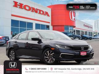 <p><strong>HONDA CERTIFIED USED VEHICLE! IN EXCELLENT SHAPE! TEST DRIVE TODAY! </strong>2020 Honda Civic EX featuring CVT transmission, five passenger seating, power sunroof, remote engine starter, rearview camera with dynamic guidelines, Apple CarPlay and Android Auto connectivity, Siri® Eyes Free compatibility, ECON mode, Bluetooth, AM/FM audio system with two USB inputs, steering wheel mounted controls, cruise control, air conditioning, dual climate zones, heated front seats, 12V power outlet, power mirrors, power locks, power windows, 60/40 split fold-down rear seatback, Anchors and Tethers for Children (LATCH) , The Honda Sensing Technologies - Adaptive Cruise Control, Forward Collision Warning system, Collision Mitigation Braking system, Lane Departure Warning system, Lane Keeping Assist system and Road Departure Mitigation system, remote keyless entry with trunk release, auto on/off headlights, LED brake lights, LED tail lights, electronic stability control and anti-lock braking system. Contact Cambridge Centre Honda for special discounted finance rates, as low as 8.99%, on approved credit from Honda Financial Services.</p>

<p><span style=color:#ff0000><strong>FREE $25 GAS CARD WITH TEST DRIVE!</strong></span></p>

<p>Our philosophy is simple. We believe that buying and owning a car should be easy, enjoyable and transparent. Welcome to the Cambridge Centre Honda Family! Cambridge Centre Honda proudly serves customers from Cambridge, Kitchener, Waterloo, Brantford, Hamilton, Waterford, Brant, Woodstock, Paris, Branchton, Preston, Hespeler, Galt, Puslinch, Morriston, Roseville, Plattsville, New Hamburg, Baden, Tavistock, Stratford, Wellesley, St. Clements, St. Jacobs, Elmira, Breslau, Guelph, Fergus, Elora, Rockwood, Halton Hills, Georgetown, Milton and all across Ontario!</p>