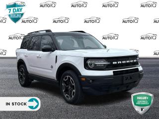 <p><strong>2021 Ford Bronco Sport Outer Banks</strong></p>

<p>4D Sport Utility | 1.5L EcoBoost | 8-Speed Automatic | 4WD</p>

<ul>
 <li>3.80 Axle Ratio</li>
 <li>4-Wheel Disc Brakes</li>
 <li>6 Speakers</li>
 <li>ABS brakes</li>
 <li>Air Conditioning</li>
 <li>Alloy wheels</li>
 <li>AM/FM radio: SiriusXM</li>
 <li>AM/FM Stereo</li>
 <li>Auto High-beam Headlights</li>
 <li>Auto-dimming Rear-View mirror</li>
 <li>Automatic temperature control</li>
 <li>Block heater</li>
 <li>Brake assist</li>
 <li>Compass</li>
 <li>Delay-off headlights</li>
 <li>Driver door bin</li>
 <li>Driver vanity mirror</li>
 <li>Dual front impact airbags</li>
 <li>Dual front side impact airbags</li>
 <li>Electronic Stability Control</li>
 <li>Emergency communication system: SYNC 3 911 Assist</li>
 <li>Exterior Parking Camera Rear</li>
 <li>Four wheel independent suspension</li>
 <li>Front anti-roll bar</li>
 <li>Front Bucket Seats</li>
 <li>Front dual zone A/C</li>
 <li>Front fog lights</li>
 <li>Front reading lights</li>
 <li>Fully automatic headlights</li>
 <li>Heated door mirrors</li>
 <li>Heated front seats</li>
 <li>Heated steering wheel</li>
 <li>Illuminated entry</li>
 <li>Knee airbag</li>
 <li>Leather Trimmed Heated Sport Contour Bucket Seats</li>
 <li>Low tire pressure warning</li>
 <li>Occupant sensing airbag</li>
 <li>Outside temperature display</li>
 <li>Overhead airbag</li>
 <li>Overhead console</li>
 <li>Panic alarm</li>
 <li>Passenger door bin</li>
 <li>Passenger vanity mirror</li>
 <li>Power door mirrors</li>
 <li>Power driver seat</li>
 <li>Power passenger seat</li>
 <li>Power steering</li>
 <li>Power windows</li>
 <li>Radio data system</li>
 <li>Rain sensing wipers</li>
 <li>Rear anti-roll bar</li>
 <li>Rear Parking Sensors</li>
 <li>Rear reading lights</li>
 <li>Rear window defroster</li>
 <li>Rear window wiper</li>
 <li>Remote keyless entry</li>
 <li>Roof rack: rails only</li>
 <li>Security system</li>
 <li>SiriusXM Radio</li>
 <li>Speed control</li>
 <li>Speed-sensing steering</li>
 <li>Speed-Sensitive Wipers</li>
 <li>Split folding rear seat</li>
 <li>Steering wheel mounted audio controls</li>
 <li>SYNC 3 Communications & Entertainment System</li>
 <li>SYNC 3/Apple CarPlay/Android Auto</li>
 <li>Tachometer</li>
 <li>Telescoping steering wheel</li>
 <li>Tilt steering wheel</li>
 <li>Traction control</li>
 <li>Trip computer</li>
 <li>Variably intermittent wipers</li>
 <li>Wheels: 18 Ebony Black-Painted Aluminum</li>
</ul>

<p>SPECIAL NOTE: This vehicle is reserved for AutoIQs Retail Customers Only. Please, No Dealer Calls<br />
<br />
Dont Delay! With over 140 Sales Professionals Promoting this Pre-Owned Vehicle through 17 Dealerships Representing 11 Communities Across Ontario, this Great Value Wont Last Long!<br />
<br />
AutoIQ proudly offers a 7 Day Money Back Guarantee. Buy with Complete Confidence. You wont be disappointed!</p>
<p> </p>

<h4>VALUE+ CERTIFIED PRE-OWNED VEHICLE</h4>

<p>36-point Provincial Safety Inspection<br />
172-point inspection combined mechanical, aesthetic, functional inspection including a vehicle report card<br />
Warranty: 30 Days or 1500 KMS on mechanical safety-related items and extended plans are available<br />
Complimentary CARFAX Vehicle History Report<br />
2X Provincial safety standard for tire tread depth<br />
2X Provincial safety standard for brake pad thickness<br />
7 Day Money Back Guarantee*<br />
Market Value Report provided<br />
Complimentary 3 months SIRIUS XM satellite radio subscription on equipped vehicles<br />
Complimentary wash and vacuum<br />
Vehicle scanned for open recall notifications from manufacturer</p>

<p>SPECIAL NOTE: This vehicle is reserved for AutoIQs retail customers only. Please, No dealer calls. Errors & omissions excepted.</p>

<p>*As-traded, specialty or high-performance vehicles are excluded from the 7-Day Money Back Guarantee Program (including, but not limited to Ford Shelby, Ford mustang GT, Ford Raptor, Chevrolet Corvette, Camaro 2SS, Camaro ZL1, V-Series Cadillac, Dodge/Jeep SRT, Hyundai N Line, all electric models)</p>

<p>INSGMT</p>