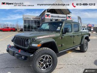 <b>Hardtop,  Tonneau Cover,  Heated Steering Wheel!</b><br> <br> <br> <br>Call 613-489-1212 to speak to our friendly sales staff today, or come by the dealership!<br> <br>  Welcome. <br> <br><br> <br> This sarge green Regular Cab 4X4 pickup   has an automatic transmission and is powered by a  285HP 3.6L V6 Cylinder Engine.<br> <br> Our Gladiators trim level is Rubicon. This Rubicon trim is fully loaded with 7 skid plates, heavy-duty suspension, a manual Targa composite first-row sunroof, dual-zone climate control, class IV towing equipment with a trailer wiring harness and trailer sway control, a full-size spare with underbody storage, removable doors and windows, and a manual convertible top with fixed roll-over protection. This rugged truck also features great convenience features like proximity keyless entry with push button start, illuminated front and rear cupholders, two 12-volt DC and a 120-volt AC power outlets, and tons of storage space. Handling infotainment and connectivity duties is a 12.3-inch screen powered by Uconnect 5W, and features Apple CarPlay, Android Auto, 4G LTE WiFi hotspot internet access, and streaming audio. This vehicle has been upgraded with the following features: Hardtop,  Tonneau Cover,  Heated Steering Wheel. <br><br> View the original window sticker for this vehicle with this url <b><a href=http://www.chrysler.com/hostd/windowsticker/getWindowStickerPdf.do?vin=1C6JJTBG7RL105764 target=_blank>http://www.chrysler.com/hostd/windowsticker/getWindowStickerPdf.do?vin=1C6JJTBG7RL105764</a></b>.<br> <br>To apply right now for financing use this link : <a href=https://CreditOnline.dealertrack.ca/Web/Default.aspx?Token=3206df1a-492e-4453-9f18-918b5245c510&Lang=en target=_blank>https://CreditOnline.dealertrack.ca/Web/Default.aspx?Token=3206df1a-492e-4453-9f18-918b5245c510&Lang=en</a><br><br> <br/>    6.49% financing for 96 months. <br> Buy this vehicle now for the lowest weekly payment of <b>$277.47</b> with $0 down for 96 months @ 6.49% APR O.A.C. ( Plus applicable taxes -  $1199  fees included in price    ).  Incentives expire 2024-04-30.  See dealer for details. <br> <br>If youre looking for a Dodge, Ram, Jeep, and Chrysler dealership in Ottawa that always goes above and beyond for you, visit Myers Manotick Dodge today! Were more than just great cars. We provide the kind of world-class Dodge service experience near Kanata that will make you a Myers customer for life. And with fabulous perks like extended service hours, our 30-day tire price guarantee, the Myers No Charge Engine/Transmission for Life program, and complimentary shuttle service, its no wonder were a top choice for drivers everywhere. Get more with Myers!<br> Come by and check out our fleet of 40+ used cars and trucks and 100+ new cars and trucks for sale in Manotick.  o~o
