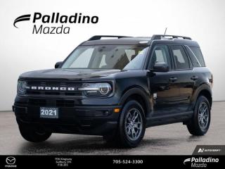 <b>Previous Rental Vehicle <br><br>Remote Start,  Heated Seats,  Lane Keep Assist,  Android Auto,  Apple Carplay!<br> <br></b><br>     Designed for every adventurer, this Bronco Sport gets you out into the wile, and back again. This  2021 Ford Bronco Sport is fresh on our lot in Sudbury. <br> <br>A compact footprint, an iconic name, and modern luxury come together to make this Bronco Sport and instant classic. Whether your next adventure takes you deep into the rugged wilds, or into the rough and rumble city, this Bronco Sport is exactly what you need. With enough cargo space for all of your gear, the capability to get you anywhere, and a manageable footprint, theres nothing quite like this Ford Bronco Sport.This  SUV has 88,101 kms. Its  shadowblackmet in colour  . It has an automatic transmission and is powered by a  1.5L I3 12V PDI DOHC Turbo engine.  This unit has some remaining factory warranty for added peace of mind. <br> <br> Our Bronco Sports trim level is Big Bend. This Bronco Sport Big Bend adds heated side mirrors, front fog lamps, power seats, proximity key, automatic climate control, heated seats, easy clean upholstery and remote engine start for a feeling even bigger than its namesake National Park. It also includes unique aluminum wheels, LED accent lighting, Co-Pilot360, a useful flip-up rear window and black exterior trim. On the inside, it features a SYNC 3 infotainment system with an 8 inch touchscreen and is paired with Apple CarPlay and Android Auto, a smart charging USB port, 60/40 split-fold rear seats, remote keyless entry, FordPass Connect. It helps keep you safe with lane keeping assist, automatic emergency braking, blind spot monitoring and rear cross traffic alert. This vehicle has been upgraded with the following features: Remote Start,  Heated Seats,  Lane Keep Assist,  Android Auto,  Apple Carplay,  Wi-fi,  Ford Co-pilot360. <br> To view the original window sticker for this vehicle view this <a href=http://www.windowsticker.forddirect.com/windowsticker.pdf?vin=3FMCR9B6XMRA72916 target=_blank>http://www.windowsticker.forddirect.com/windowsticker.pdf?vin=3FMCR9B6XMRA72916</a>. <br/><br> <br>To apply right now for financing use this link : <a href=https://www.palladinomazda.ca/finance/ target=_blank>https://www.palladinomazda.ca/finance/</a><br><br> <br/><br>Palladino Mazda in Sudbury Ontario is your ultimate resource for new Mazda vehicles and used Mazda vehicles. We not only offer our clients a large selection of top quality, affordable Mazda models, but we do so with uncompromising customer service and professionalism. We takes pride in representing one of Canadas premier automotive brands. Mazda models lead the way in terms of affordability, reliability, performance, and fuel efficiency.The advertised price is for financing purchases only. All cash purchases will be subject to an additional surcharge of $2,501.00. This advertised price also does not include taxes and licensing fees.<br> Come by and check out our fleet of 90+ used cars and trucks and 110+ new cars and trucks for sale in Sudbury.  o~o