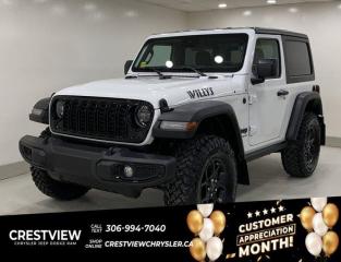 WRANGLER SPORT Check out this vehicles pictures, features, options and specs, and let us know if you have any questions. Helping find the perfect vehicle FOR YOU is our only priority.P.S...Sometimes texting is easier. Text (or call) 306-994-7040 for fast answers at your fingertips!This Jeep Wrangler delivers a Regular Unleaded V-6 3.6 L/220 engine powering this Manual transmission. TRANSMISSION: 6-SPEED MANUAL, TRAILER TOW & HD ELECTRICAL GROUP, TIRES: LT285/70R17C BSW M/T.*This Jeep Wrangler Comes Equipped with These Options *QUICK ORDER PACKAGE 23W WILLYS , ENGINE: 3.6L PENTASTAR VVT V6 W/ESS, CONVENIENCE GROUP, BRIGHT WHITE, BLACK, CLOTH LOW-BACK BUCKET SEATS, BLACK FREEDOM TOP 3-PIECE HARDTOP, Window Grid Antenna, Willys Suspension, Wheels: 17 x 7.5 Painted Black, Variable intermittent wipers.* Visit Us Today *Youve earned this- stop by Crestview Chrysler (Capital) located at 601 Albert St, Regina, SK S4R2P4 to make this car yours today!