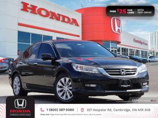 <p><strong>GREAT FIRST CAR! IN EXCELLENT SHAPE!</strong> 2014 Honda Accord Touring featuring CVT transmission, five passenger seating, leather interior, power sunroof, rearview camera with guidelines, GPS navigation, auto-on/off headlights, fog lights, ECON mode button and Eco-Assist system, Bluetooth, AM/FM/CD stereo system with USB and auxiliary inputs, steering wheel mounted controls, cruise control, air conditioning, dual climate zones, heated front seats, two 12V power outlets, power adjustable drivers seat, power and heated mirrors, power locks, remote keyless entry with trunk release, power windows, tire pressure monitoring system, split folding rear seats, electronic stability control and anti-lock braking system. Contact Cambridge Centre Honda for special discounted finance rates, as low as 8.99%, on approved credit from Honda Financial Services.</p>

<p><span style=color:#ff0000><strong>FREE $25 GAS CARD WITH TEST DRIVE!</strong></span></p>

<p>Our philosophy is simple. We believe that buying and owning a car should be easy, enjoyable and transparent. Welcome to the Cambridge Centre Honda Family! Cambridge Centre Honda proudly serves customers from Cambridge, Kitchener, Waterloo, Brantford, Hamilton, Waterford, Brant, Woodstock, Paris, Branchton, Preston, Hespeler, Galt, Puslinch, Morriston, Roseville, Plattsville, New Hamburg, Baden, Tavistock, Stratford, Wellesley, St. Clements, St. Jacobs, Elmira, Breslau, Guelph, Fergus, Elora, Rockwood, Halton Hills, Georgetown, Milton and all across Ontario!</p>