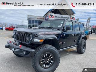 <b>Warn Winch,  Power Top,  Heated Steering Wheel!</b><br> <br> <br> <br>Call 613-489-1212 to speak to our friendly sales staff today, or come by the dealership!<br> <br>  This ultra capable Jeep Wrangler was built to be tough and reliable, with next level comfort and convenience. <br> <br>No matter where your next adventure takes you, this Jeep Wrangler is ready for the challenge. With advanced traction and handling capability, sophisticated safety features and ample ground clearance, the Wrangler is designed to climb up and crawl over the toughest terrain. Inside the cabin of this Wrangler offers supportive seats and comes loaded with the technology you expect while staying loyal to the style and design youve come to know and love.<br> <br> This black SUV  has an automatic transmission and is powered by a  285HP 3.6L V6 Cylinder Engine.<br> <br> Our Wranglers trim level is Rubicon. Stepping up to this Wrangler Rubicon rewards you with incredible off-roading capability, thanks to heavy duty suspension, class II towing equipment that includes a hitch and trailer sway control, front active and rear anti-roll bars, upfitter switches, locking front and rear differentials, and skid plates for undercarriage protection. Interior features include an 8-speaker Alpine audio system, voice-activated dual zone climate control, front and rear cupholders, and a 12.3-inch infotainment system with smartphone integration and mobile internet hotspot access. Additional features include cruise control, a leatherette-wrapped steering wheel, proximity keyless entry, and even more. This vehicle has been upgraded with the following features: Warn Winch,  Power Top,  Heated Steering Wheel. <br><br> View the original window sticker for this vehicle with this url <b><a href=http://www.chrysler.com/hostd/windowsticker/getWindowStickerPdf.do?vin=1C4RJXFGXRW200055 target=_blank>http://www.chrysler.com/hostd/windowsticker/getWindowStickerPdf.do?vin=1C4RJXFGXRW200055</a></b>.<br> <br>To apply right now for financing use this link : <a href=https://CreditOnline.dealertrack.ca/Web/Default.aspx?Token=3206df1a-492e-4453-9f18-918b5245c510&Lang=en target=_blank>https://CreditOnline.dealertrack.ca/Web/Default.aspx?Token=3206df1a-492e-4453-9f18-918b5245c510&Lang=en</a><br><br> <br/> Total  cash rebate of $4721 is reflected in the price. Credit includes up to 5% MSRP.  6.49% financing for 96 months. <br> Buy this vehicle now for the lowest weekly payment of <b>$283.98</b> with $0 down for 96 months @ 6.49% APR O.A.C. ( Plus applicable taxes -  $1199  fees included in price    ).  Incentives expire 2024-07-02.  See dealer for details. <br> <br>If youre looking for a Dodge, Ram, Jeep, and Chrysler dealership in Ottawa that always goes above and beyond for you, visit Myers Manotick Dodge today! Were more than just great cars. We provide the kind of world-class Dodge service experience near Kanata that will make you a Myers customer for life. And with fabulous perks like extended service hours, our 30-day tire price guarantee, the Myers No Charge Engine/Transmission for Life program, and complimentary shuttle service, its no wonder were a top choice for drivers everywhere. Get more with Myers!<br> Come by and check out our fleet of 40+ used cars and trucks and 100+ new cars and trucks for sale in Manotick.  o~o