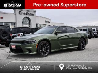 2022 Dodge Charger 4D Sedan R/T F8 Green Black Leather, Black-Edged Premium Floor Mats, Carbonite Interior Accents, Daytona Edition, Daytona Front Grille Badge, Daytona Instrument Panel Badge, Exterior Mirrors w/Auto-Adjust In Reverse, Front Heated Seats, Front Ventilated Seats, Gloss Black IP Cluster Trim Rings, GPS Navigation, Heated Steering Wheel, Leather/Alcantara-Faced Front Vented Seats (YL), MOPAR Cold Air Intake System, Power 2-Way Driver Lumbar Adjust, Power 2-Way Passenger Lumbar Adjust, Power Driver & Front Passenger Seats, Power Sunroof, Power Tilt/Telescoping Steering Column, Premium-Stitched Dash Panel, Radio/Driver Seat/Mirrors w/Memory, Rear Illuminated Cup Holders, Rear Seat Armrest w/Storage Cup Holder, Satin Black 1-Piece Performance Spoiler, Satin Black Charger Decklid Badge, Satin Black Vinyl Decals, Second-Row Heated Seats, Wheels: 20 x 9 Low Gloss Granite Crystal. Odometer is 4918 kilometers below market average! RWD HEMI 5.7L V8 VVT 8-Speed Automatic<br><br><br>Awards:<br>  * ALG Canada Residual Value Awards<br><br><br>Here at Chatham Chrysler, our Financial Services Department is dedicated to offering the service that you deserve. We are experienced with all levels of credit and are looking forward to sitting down with you. Chatham Chrysler Proudly serves customers from London, Ridgetown, Thamesville, Wallaceburg, Chatham, Tilbury, Essex, LaSalle, Amherstburg and Windsor with no distance being ever too far! At Chatham Chrysler, WE CAN DO IT!