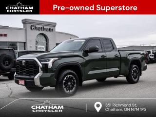 2022 Toyota Tundra 4D Double Cab SR Green 4WD, Cloth, 4 Adjustable Tie Down Cleats, Active Grille Shutters, Blind Spot Monitoring w/RCTA & RCTB, Crawl Control (CRAWL), Downhill Assist Control (DAC), Drive Mode Select w/Sport, Eco & Normal Modes, Dual Zone Automatic Climate Control, Heated Front Bucket Seats, Hill Start Assist Control (HAC), Intuitive Parking Assist w/Auto Braking, LED Fog Lamps, Locking Rear Differential, Multi-Terrain Select, Trailer Brake Controller, TRD Front Grille, TRD Heated Steering Wheel, TRD Leather Wrapped Shift Knob, TRD Off Road Shock Absorbers, Tundra TRD Off Road Package, Wheels: 18 Offroad Alloy. 4WD 3.5L V6 10-Speed Automatic<br><br><br>Awards:<br>  * ALG Canada Residual Value Awards, Residual Value Awards   * ALG Canada Residual Value Awards<br><br><br>Here at Chatham Chrysler, our Financial Services Department is dedicated to offering the service that you deserve. We are experienced with all levels of credit and are looking forward to sitting down with you. Chatham Chrysler Proudly serves customers from London, Ridgetown, Thamesville, Wallaceburg, Chatham, Tilbury, Essex, LaSalle, Amherstburg and Windsor with no distance being ever too far! At Chatham Chrysler, WE CAN DO IT!