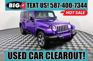 Our go-anywhere 2017 Jeep Wrangler Unlimited Sahara 4X4 is bold and able-bodied in Xtreme Purple Pearl with the Connectivity, LED Lighting, Dual Top, and Trailer Tow Groups and Customer Preferred Package 24G! Powered by a 3.6 Litre V6 that offers 285hp and 260lb-ft of torque for outstanding low-speed crawling capability while connected to a 5 Speed Automatic transmission. This trail-rated tough Four Wheel Drive SUV provides legendary traction, ground clearance, and maneuverability that makes your most adventurous dreams come true while supplying approximately 11.2L/100km on the highway! The embodiment of confident capability, our Sahara elevates your style and boasts rugged good looks with bumper accents, LED lighting, swing gate reinforcement, both the Freedom hard top and Sunrider soft top, a class II hitch receiver, and 18-inch wheels.

Imagine yourself behind the wheel of our Sahara with leather-faced heated front seats, power windows/locks, remote start, keyless entry, and air conditioning. Staying connected is a breeze with the 430N radio system boasting a 6.5-inch touchscreen, navigation, AM/FM/CD stereo, available satellite radio, and Uconnect voice command with Bluetooth.

As youre blazing trails, bashing boulders, or cruising the beach, enjoy peace of mind that your Jeep is engineered tough with tire pressure monitoring, ABS, traction/stability control, backup camera, and airbags to keep you out of harms way. Its time to reward yourself with this tremendously capable Wrangler Unlimited! Save this Page and Call for Availability. We Know You Will Enjoy Your Test Drive Towards Ownership!