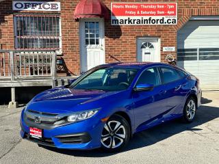 <p>Super-Clean Honda Civic from St. Catherines, ON! This LX Sedan model comes with some fantastic options and looks stunning in its Blue paint and factory wheel covers! The exterior features keyless entry with remote start, automatic headlights, colour-matched mirrors, a peppy and fuel-efficient 2.0L 4-cylinder engine and CVT auto transmission! The interior is clean and comfortable with heated cloth front seats, a spacious rear seat and a large trunk area with an electronic release, power door locks, windows and mirrors, steering wheel audio and cruise controls, an easy-to-read and use electronic gauge cluster, a large central touch screen AM/FM Radio with Bluetooth, Backup Camera, SmartPhone Link, A/C climate control with front and rear window defrost settings and heated mirrors, ECON Driving mode for improved fuel economy, USB/iPod/12V accessory ports and more! </p><p> </p><p>Carfax Claims Free, Perfect Commuter! </p><p> </p><p>Call (905) 623-2906</p><p> </p><p>Text Ryan: (905) 429-9680 or Email: ryan@markrainford.ca</p><p> </p><p>Text Mark: (905) 431-0966 or Email: mark@markrainford.ca</p>