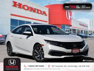 <p><strong>HONDA CERTIFIED USED VEHICLE! IN EXCELLENT SHAPE! ONE PREVIOUS OWNER! </strong>2020 Honda Civic EX featuring CVT transmission, five passenger seating, power sunroof, remote engine starter, rearview camera with dynamic guidelines, Apple CarPlay™ and Android Auto™ connectivity, Siri® Eyes Free compatibility, ECON mode, Bluetooth, AM/FM audio system with two USB inputs, steering wheel mounted controls, cruise control, air conditioning, dual climate zones, heated front seats, 12V power outlet, power mirrors, power locks, power windows, 60/40 split fold-down rear seatback, Anchors and Tethers for Children (LATCH) , The Honda Sensing Technologies - Adaptive Cruise Control, Forward Collision Warning system, Collision Mitigation Braking system, Lane Departure Warning system, Lane Keeping Assist system and Road Departure Mitigation system, remote keyless entry with trunk release, auto on/off headlights, LED brake lights, LED tail lights, electronic stability control and anti-lock braking system. Contact Cambridge Centre Honda for special discounted finance rates, as low as 8.99%, on approved credit from Honda Financial Services.</p>

<p><span style=color:#ff0000><strong> FREE $25 GAS CARD WITH TEST DRIVE!</strong></span></p>

<p>Our philosophy is simple. We believe that buying and owning a car should be easy, enjoyable and transparent. Welcome to the Cambridge Centre Honda Family! Cambridge Centre Honda proudly serves customers from Cambridge, Kitchener, Waterloo, Brantford, Hamilton, Waterford, Brant, Woodstock, Paris, Branchton, Preston, Hespeler, Galt, Puslinch, Morriston, Roseville, Plattsville, New Hamburg, Baden, Tavistock, Stratford, Wellesley, St. Clements, St. Jacobs, Elmira, Breslau, Guelph, Fergus, Elora, Rockwood, Halton Hills, Georgetown, Milton and all across Ontario!</p>