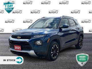 Blue 2021 Chevrolet TrailBlazer LT 4D Sport Utility ECOTEC 1.3L Turbo 9-Speed Automatic AWD 2-Way Power Driver Lumbar Seat Adjuster, 3.17 Axle Ratio, 4-Way Manual Front Passenger Seat Adjuster, 4-Wheel Disc Brakes, 6 Speakers, 6-Speaker Audio System Feature w/Amplifier, 7 Diagonal Colour Touchscreen Display, ABS brakes, Air Conditioning, Alloy wheels, AM/FM radio, Apple CarPlay/Android Auto, Auto High-beam Headlights, Brake assist, Bumpers: body-colour, Cloth Seat Trim, Compass, Delay-off headlights, Driver door bin, Driver vanity mirror, Dual front impact airbags, Dual front side impact airbags, Electronic Stability Control, Emergency communication system: OnStar and Chevrolet connected services capable, Exterior Parking Camera Rear, Flat-Folding Front Passenger Seatback, Front anti-roll bar, Front Bucket Seats, Front fog lights, Front reading lights, Front wheel independent suspension, Fully automatic headlights, Heated door mirrors, Heated Driver & Front Passenger Seats, Heated front seats, Illuminated entry, Knee airbag, Low tire pressure warning, Occupant sensing airbag, Overhead airbag, Overhead console, Panic alarm, Passenger door bin, Passenger vanity mirror, Power door mirrors, Power driver seat, Power steering, Power windows, Preferred Equipment Group 1LT, Radio data system, Radio: Chevrolet Infotainment 3 System, Rear side impact airbag, Rear window defroster, Rear window wiper, Remote keyless entry, Ride & Handling Suspension, Roof rack: rails only, Security system, Speed control, Split folding rear seat, Spoiler, Steering wheel mounted audio controls, Tachometer, Telescoping steering wheel, Tilt steering wheel, Traction control, Trip computer, Variably intermittent wipers, Wheels: 17 High Gloss Black Machined Aluminum, Wireless Apple CarPlay/Android Auto.

Awards:
  * Wards Canada 10 Best Engines and Propulsion Systems   * IIHS Canada Top Safety Pick+<p> </p>

<h4>VALUE+ CERTIFIED PRE-OWNED VEHICLE</h4>

<p>36-point Provincial Safety Inspection<br />
172-point inspection combined mechanical, aesthetic, functional inspection including a vehicle report card<br />
Warranty: 30 Days or 1500 KMS on mechanical safety-related items and extended plans are available<br />
Complimentary CARFAX Vehicle History Report<br />
2X Provincial safety standard for tire tread depth<br />
2X Provincial safety standard for brake pad thickness<br />
7 Day Money Back Guarantee*<br />
Market Value Report provided<br />
Complimentary 3 months SIRIUS XM satellite radio subscription on equipped vehicles<br />
Complimentary wash and vacuum<br />
Vehicle scanned for open recall notifications from manufacturer</p>

<p>SPECIAL NOTE: This vehicle is reserved for AutoIQs retail customers only. Please, No dealer calls. Errors & omissions excepted.</p>

<p>*As-traded, specialty or high-performance vehicles are excluded from the 7-Day Money Back Guarantee Program (including, but not limited to Ford Shelby, Ford mustang GT, Ford Raptor, Chevrolet Corvette, Camaro 2SS, Camaro ZL1, V-Series Cadillac, Dodge/Jeep SRT, Hyundai N Line, all electric models)</p>

<p>INSGMT</p>
