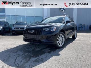 <b>Sunroof,  Leather Seats,  Heated Seats,  Power Liftgate,  Heated Steering Wheel!</b><br> <br>  Compare at $30996 - Our Price is just $29499! <br> <br>   The Q3 is the refreshed modern, roomy, comfortable compact SUV with a strikingly beautiful design and excellent on road capabilities. This  2020 Audi Q3 is for sale today in Kanata. <br> <br>With plenty of style and Audis sporty design language, this aggressive 2020 Q3 is packed full of modern technology and luxurious features. The capability and utility in this compact crossover is second to none, with tons of extra space for all of your passengers. With an improved driving position the Q3s cabin is more luxurious, featuring ambient interior lighting, a fully digital gauge cluster, and contrasting microsuede on the dashboard and doors.This  SUV has 69,935 kms. Its  mythos black metallic in colour  . It has an automatic transmission and is powered by a  2.0L I4 16V GDI DOHC Turbo engine.  It may have some remaining factory warranty, please check with dealer for details. <br> <br> Our Q3s trim level is Komfort 45 TFSI quattro. This Q3 Komfort packs a big punch in a desirable package with a dual row sunroof, heated leather bucket seats, a heated leather steering wheel, proximity key with push button start, remote cargo access, voice activated LCD touch screen infotainment with Audi smartphone interface, and a rear backup camera. This small crossover does not fall short on style with a dual tailpipe, aluminum alloy wheels, a chrome grille, automatic LED lighting, fog lamps, and perimeter lights. This vehicle has been upgraded with the following features: Sunroof,  Leather Seats,  Heated Seats,  Power Liftgate,  Heated Steering Wheel,  Forward Collision Mitigation,  Led Lights. <br> <br>To apply right now for financing use this link : <a href=https://www.myersvw.ca/en/form/new/financing-request-step-1/44 target=_blank>https://www.myersvw.ca/en/form/new/financing-request-step-1/44</a><br><br> <br/><br>Backed by Myers Exclusive NO Charge Engine/Transmission for life program lends itself for your peace of mind and you can buy with confidence. Call one of our experienced Sales Representatives today and book your very own test drive! Why buy from us? Move with the Myers Automotive Group since 1942! We take all trade-ins - Appraisers on site - Full safety inspection including e-testing and professional detailing prior delivery! Every vehicle comes with a free Car Proof History report.<br><br>*LIFETIME ENGINE TRANSMISSION WARRANTY NOT AVAILABLE ON VEHICLES MARKED AS-IS, VEHICLES WITH KMS EXCEEDING 140,000KM, VEHICLES 8 YEARS & OLDER, OR HIGHLINE BRAND VEHICLES (eg.BMW, INFINITI, CADILLAC, LEXUS...). FINANCING OPTIONS NOT AVAILABLE ON VEHICLES MARKED AS-IS OR AS-TRADED.<br> Come by and check out our fleet of 40+ used cars and trucks and 100+ new cars and trucks for sale in Kanata.  o~o