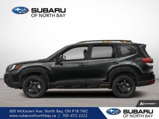 <b>Off-Road Package,  Sunroof,  Power Liftgate,  Heated Steering Wheel,  Climate Control!</b><br> <br>   Giving you total driving confidence with its fun-to-drive nature, responsive handling, and outstanding ride comfort this amazing Subaru Forest is ready to anything you put in front of it. <br> <br>The Subaru Forester brings more convenience and versatility to your daily life with durable and quality materials, a driver focused cockpit and incredible off-road capability. With a well-engineered suspension that securely hugs the road and an impressive suite of driver assistance packages, the safety of you and your family is second to none.<br> <br> This crystal black silica SUV  has a cvt transmission and is powered by a  182HP 2.5L 4 Cylinder Engine.<br> <br> Our Foresters trim level is Wilderness. Go were few will venture in this Forester Wilderness, with off-road specific suspension, all-terrain wheels with a full-size spare, two skid plates, all-weather soft touch upholstery with Wilderness logos, and rubber front and rear floor mats. The standard features continue with switchable drive modes, an express open/close dual-panel glass sunroof, a power liftgate for rear cargo access, dual-zone climate control, and proximity keyless entry with push button start. Other features include power adjustable heated front seats with lumbar support, a heated leather steering wheel, adaptive cruise control, towing equipment with trailer sway control, roof rack rails, LED headlights with automatic high beams, and 60-40 folding split-bench rear seats for extra cargo versatility. Stay connected on the road via a larger 8-inch touchscreen infotainment system with Apple CarPlay, Android Auto, integrated steering wheel audio controls, and SiriusXM satellite radio, as well as Subaru STARLINK services. Safety features include Subaru EyeSight with Pre-Collision Braking, Lane Keep Assist and Lane Departure Warning, rear/side vehicle detection, forward and rear collision alert, driver monitoring alert, and a back-up camera with a washer. This vehicle has been upgraded with the following features: Off-road Package,  Sunroof,  Power Liftgate,  Heated Steering Wheel,  Climate Control,  Aluminum Wheels,  Heated Seats. <br><br> <br>To apply right now for financing use this link : <a href=https://www.subaruofnorthbay.ca/tools/autoverify/finance.htm target=_blank>https://www.subaruofnorthbay.ca/tools/autoverify/finance.htm</a><br><br> <br/>  Contact dealer for additional rates and offers.  6.49% financing for 60 months. <br> Buy this vehicle now for the lowest bi-weekly payment of <b>$391.36</b> with $0 down for 60 months @ 6.49% APR O.A.C. ( Plus applicable taxes -  Plus applicable fees   ).  Incentives expire 2024-04-30.  See dealer for details. <br> <br>Subaru of North Bay has been proudly serving customers in North Bay, Sturgeon Falls, New Liskeard, Cobalt, Haileybury, Kirkland Lake and surrounding areas since 1987. Whether you choose to visit in person or shop online, youll find a huge selection of new 2022-2023 Subaru models as well as certified used vehicles of all makes and models. </br>Our extensive lineup of new vehicles includes the Ascent, BRZ, Crosstrek, Forester, Impreza, Legacy, Outback, WRX and WRX STI. If youre already a Subaru owner, our Subaru Certified Technicians can provide the Genuine Subaru parts, accessories and quality service your vehicle deserves. </br>We invite you to book a test drive or service online, give our dealership a call at 705-472-2222, or just stop in for a visit. We look forward to meeting with you and providing you a stellar experience. </br><br> Come by and check out our fleet of 30+ used cars and trucks and 30+ new cars and trucks for sale in North Bay.  o~o