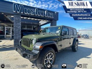 This JEEP WRANGLER SPORT S, with a 2.0L I-4 intercooled turbo engine engine, features a 8-speed automatic transmission, and generates 22 highway/16 city L/100km. Find this vehicle with only 200 kilometers!  JEEP WRANGLER SPORT S Options: This JEEP WRANGLER SPORT S offers a multitude of options. Technology options include: 1 LCD Monitor In The Front, AM/FM/Satellite-Prep w/Seek-Scan, Clock, Speed Compensated Volume Control, Aux Audio Input Jack, Steering Wheel Controls, Voice Activation, Radio Data System and Uconnect External Memory Control, Radio: Uconnect 5 w/12.3 Display, 1 LCD Monitor In The Front, MP3 Player.  Safety options include Variable Intermittent Wipers, 1 LCD Monitor In The Front, Airbag Occupancy Sensor, Curtain 1st And 2nd Row Airbags, Dual Stage Driver And Passenger Front Airbags.  Visit Us: Find this JEEP WRANGLER SPORT S at Muskoka Chrysler today. We are conveniently located at 380 Ecclestone Dr Bracebridge ON P1L1R1. Muskoka Chrysler has been serving our local community for over 40 years. We take pride in giving back to the community while providing the best customer service. We appreciate each and opportunity we have to serve you, not as a customer but as a friend