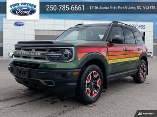 <b>Heated Seats,  Apple CarPlay,  Android Auto,  Lane Keep Assist,  Lane Departure Warning!</b><br> <br>   Looking for off-roading capability with a mix off efficiency and tech features? This Bronco Sport is certainly up to the challenge. <br> <br>A compact footprint, an iconic name, and modern luxury come together to make this Bronco Sport an instant classic. Whether your next adventure takes you deep into the rugged wilds, or into the rough and rumble city, this Bronco Sport is exactly what you need. With enough cargo space for all of your gear, the capability to get you anywhere, and a manageable footprint, theres nothing quite like this Ford Bronco Sport.<br> <br> This eruption green metallic SUV  has a 8 speed automatic transmission and is powered by a  181HP 1.5L 3 Cylinder Engine.<br> <br> Our Bronco Sports trim level is Free Wheeling. This Bronco Sport Heritage comes standard with unique, red-painted wheels, heated cloth front seats that feature power lumbar adjustment, and SiriusXM streaming radio. Also standard include voice-activated automatic air conditioning, 8-inch SYNC 3 powered infotainment screen with Apple CarPlay and Android Auto, smart charging USB type-A and type-C ports, 4G LTE mobile hotspot internet access, proximity keyless entry with remote start, and a robust terrain management system that features the trademark Go Over All Terrain (G.O.A.T.) driving modes. Additional features include blind spot detection, rear cross traffic alert and pre-collision assist with automatic emergency braking, lane keeping assist, lane departure warning, forward collision alert, driver monitoring alert, a rear-view camera, and so much more. This vehicle has been upgraded with the following features: Heated Seats,  Apple Carplay,  Android Auto,  Lane Keep Assist,  Lane Departure Warning,  Forward Collision Alert,  Lane Keep Assist. <br><br> View the original window sticker for this vehicle with this url <b><a href=http://www.windowsticker.forddirect.com/windowsticker.pdf?vin=3FMCR9K65RRE58635 target=_blank>http://www.windowsticker.forddirect.com/windowsticker.pdf?vin=3FMCR9K65RRE58635</a></b>.<br> <br>To apply right now for financing use this link : <a href=https://www.fortmotors.ca/apply-for-credit/ target=_blank>https://www.fortmotors.ca/apply-for-credit/</a><br><br> <br/><br>Come down to Fort Motors and take it for a spin!<p><br> Come by and check out our fleet of 40+ used cars and trucks and 70+ new cars and trucks for sale in Fort St John.  o~o