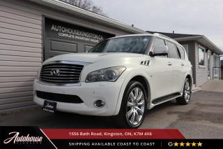 The 2014 Infiniti QX80 is packed with a 5.6L V8 engine, AWD, Sunroof, Leather upholstery with 3rd row, Heated and ventilated front seats, Heated steering wheel, Navigation system, 8-inch touchscreen display, Around View Monitor with Moving Object Detection, and so much more! 






<p>**PLEASE CALL TO BOOK YOUR TEST DRIVE! THIS WILL ALLOW US TO HAVE THE VEHICLE READY BEFORE YOU ARRIVE. THANK YOU!**</p>

<p>The above advertised price and payment quote are applicable to finance purchases. <strong>Cash pricing is an additional $699. </strong> We have done this in an effort to keep our advertised pricing competitive to the market. Please consult your sales professional for further details and an explanation of costs. <p>

<p>WE FINANCE!! Click through to AUTOHOUSEKINGSTON.CA for a quick and secure credit application!<p><strong>

<p><strong>All of our vehicles are ready to go! Each vehicle receives a multi-point safety inspection, oil change and emissions test (if needed). Our vehicles are thoroughly cleaned inside and out.<p>

<p>Autohouse Kingston is a locally-owned family business that has served Kingston and the surrounding area for more than 30 years. We operate with transparency and provide family-like service to all our clients. At Autohouse Kingston we work with more than 20 lenders to offer you the best possible financing options. Please ask how you can add a warranty and vehicle accessories to your monthly payment.</p>

<p>We are located at 1556 Bath Rd, just east of Gardiners Rd, in Kingston. Come in for a test drive and speak to our sales staff, who will look after all your automotive needs with a friendly, low-pressure approach. Get approved and drive away in your new ride today!</p>

<p>Our office number is 613-634-3262 and our website is www.autohousekingston.ca. If you have questions after hours or on weekends, feel free to text Kyle at 613-985-5953. Autohouse Kingston  It just makes sense!</p>

<p>Office - 613-634-3262</p>

<p>Kyle Hollett (Sales) - Extension 104 - Cell - 613-985-5953; kyle@autohousekingston.ca</p>

<p>Joe Purdy (Finance) - Extension 103 - Cell  613-453-9915; joe@autohousekingston.ca</p>

<p>Brian Doyle (Sales and Finance) - Extension 106 -  Cell  613-572-2246; brian@autohousekingston.ca</p>

<p>Bradie Johnston (Director of Awesome Times) - Extension 101 - Cell - 613-331-1121; bradie@autohousekingston.ca</p>