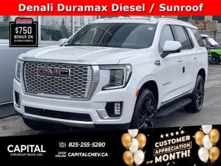 This GMC Yukon boasts a Diesel I6 3.0L/ engine powering this Automatic transmission. ENGINE, DURAMAX 3.0L TURBO-DIESEL I6 (277 hp [206.6 kW] @ 3750 rpm, 460 lb-ft of torque [623.7 N-m] @ 1500 rpm), Wireless charging, Wireless Apple CarPlay/Wireless Android Auto.* This GMC Yukon Features the Following Options *Wipers, front intermittent, Rainsense, Wiper, rear intermittent, Windows, power, rear with Express-Down, Window, power with front passenger Express-Up/Down, Window, power with driver Express-Up/Down, Wi-Fi Hotspot capable (Terms and limitations apply. See onstar.ca or dealer for details.), Wheels, 20 x 9 (50.8 cm x 22.9 cm) 6-spoke multi-dimensional polished aluminum, Wheel, full-size spare, 17 (43.2 cm), Warning tones headlamp on, driver and right-front passenger seat belt unfasten and turn signal on, Visors, driver and front passenger illuminated vanity mirrors.* Stop By Today *Come in for a quick visit at Capital Chevrolet Buick GMC Inc., 13103 Lake Fraser Drive SE, Calgary, AB T2J 3H5 to claim your GMC Yukon!